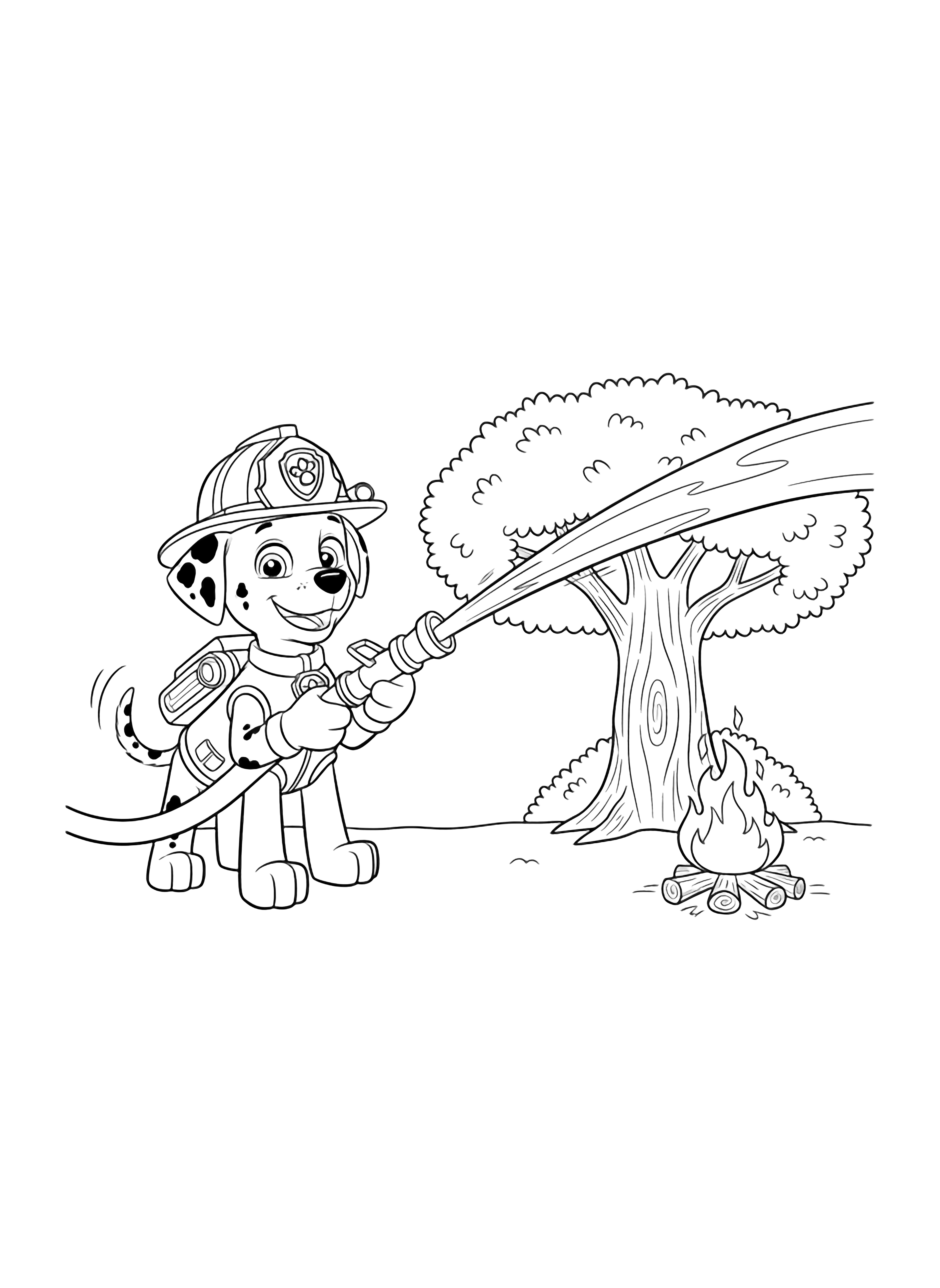 A black and white page featuring Marshall from PAW Patrol in his firefighter gear happily holding his fire hose that arcs a strong stream of water toward a small friendly campfire at the base of a sturdy tree Marshall's tail is wagging his eyes sparkle with joy and his pup pack is detailed with clean black and white line drawing minimal shading no colour no fill kleurplaat