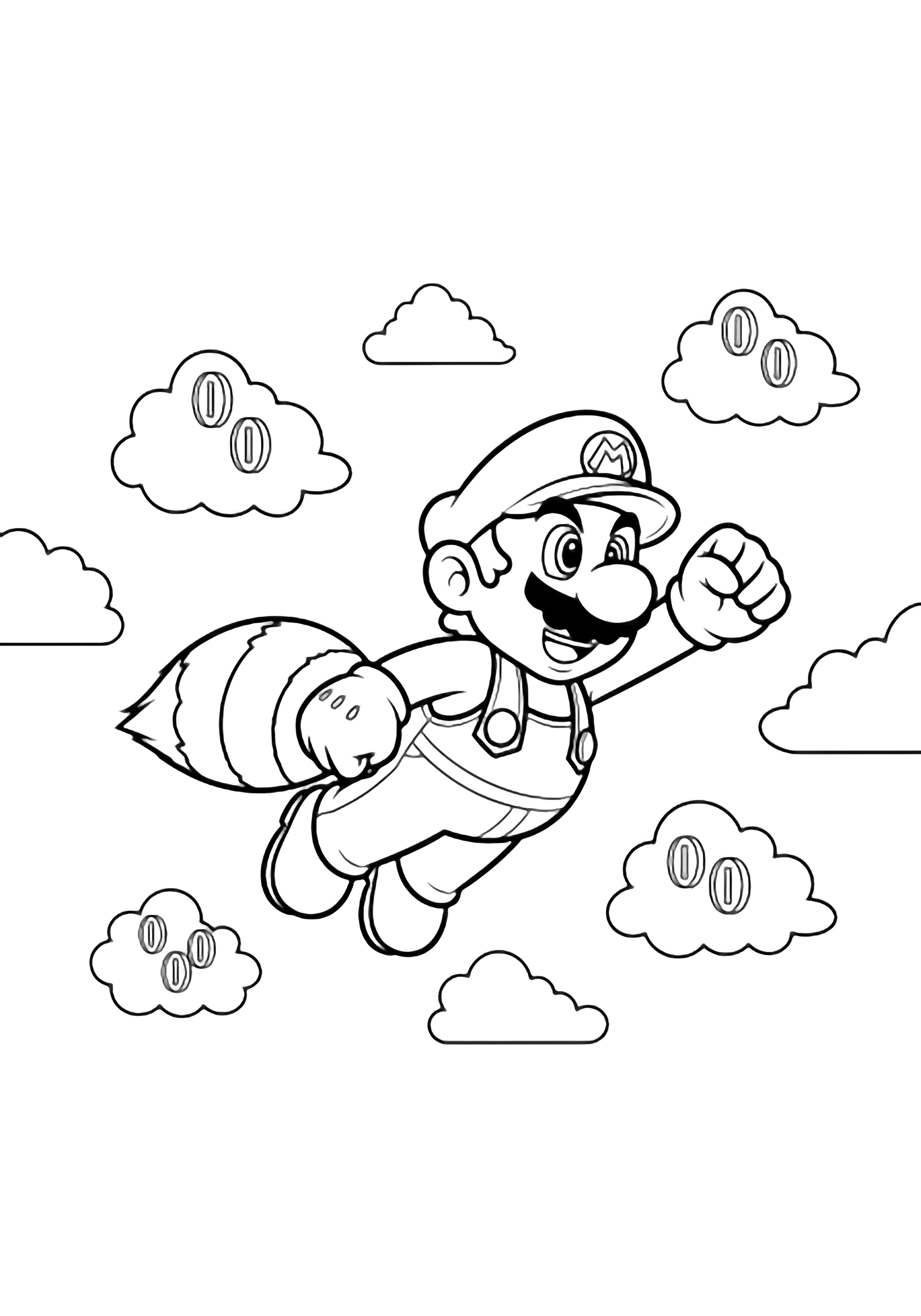Mario flies with raccoon tail, fist thrust forward, amid drifting coins and puffy clouds. kleurplaat