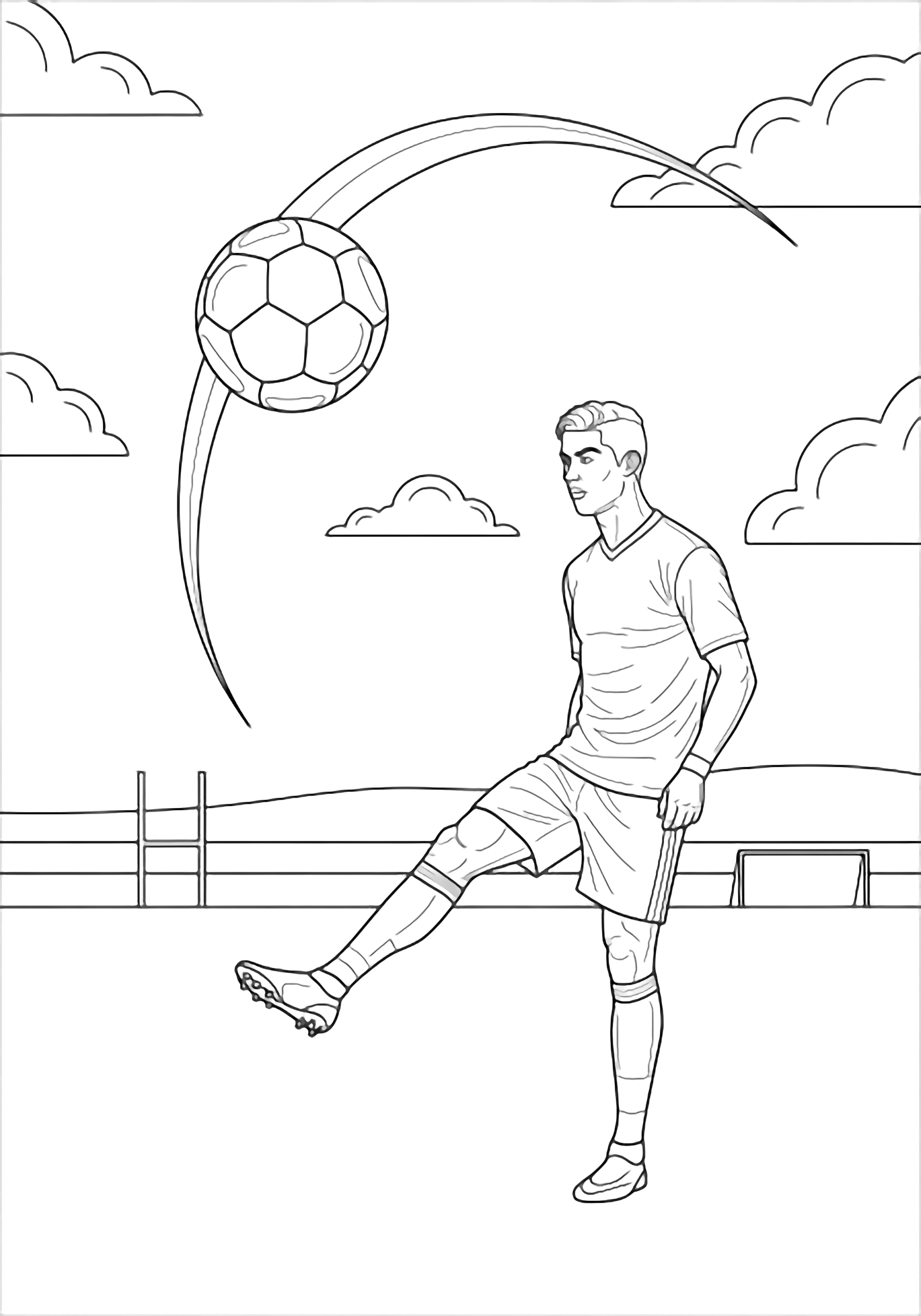 Ronaldo on a training pitch, leg extended, boot toe pointing as a large ball arcs overhead; goalposts, horizon line, fluffy clouds frame the scene. kleurplaat