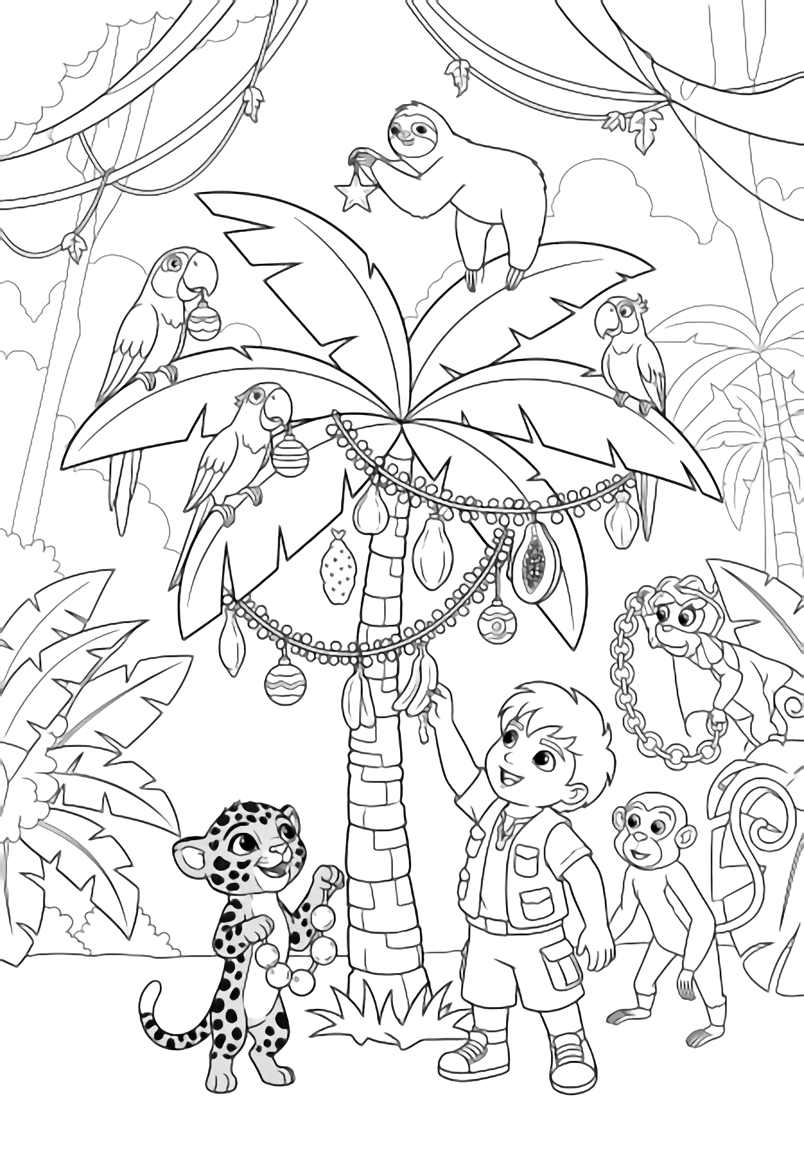 Diego and Baby Jaguar decorate a palm Christmas tree with vines and fruit; parrots carry ornaments, monkeys hand paper chains, and a sloth places the star in a simple jungle setting. kleurplaat