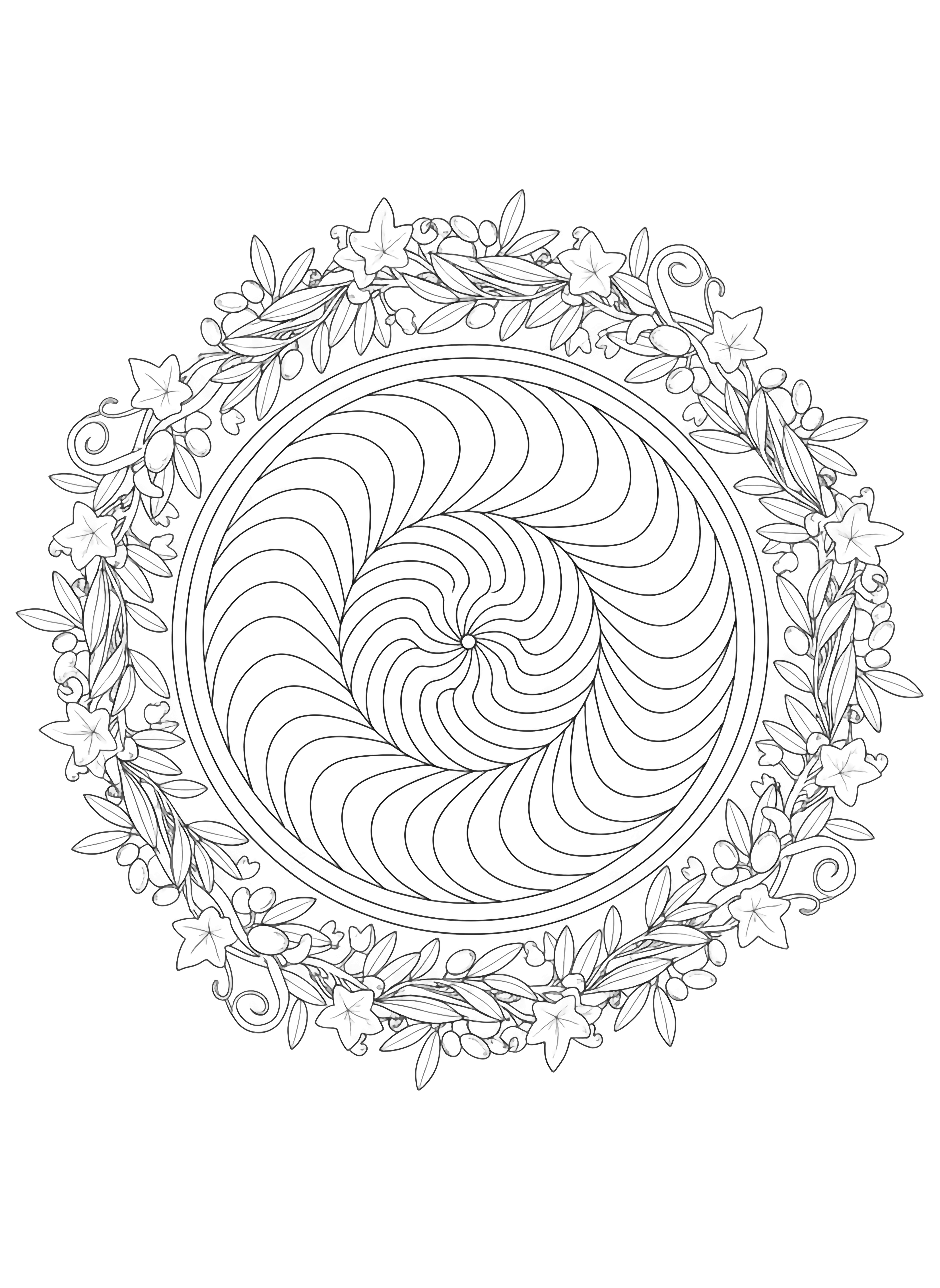A black andriendly white page of an ancient Greek mandala garden At the center a large circular mandala is inspired by a Corinthian rose window its petals radiating outward like a classic Greek spiral labyrinth Around the mandala a border of overlapping olive branches frames the design while curling ivy vines clean black and white line drawing minimal shading no colour no fill kleurplaat