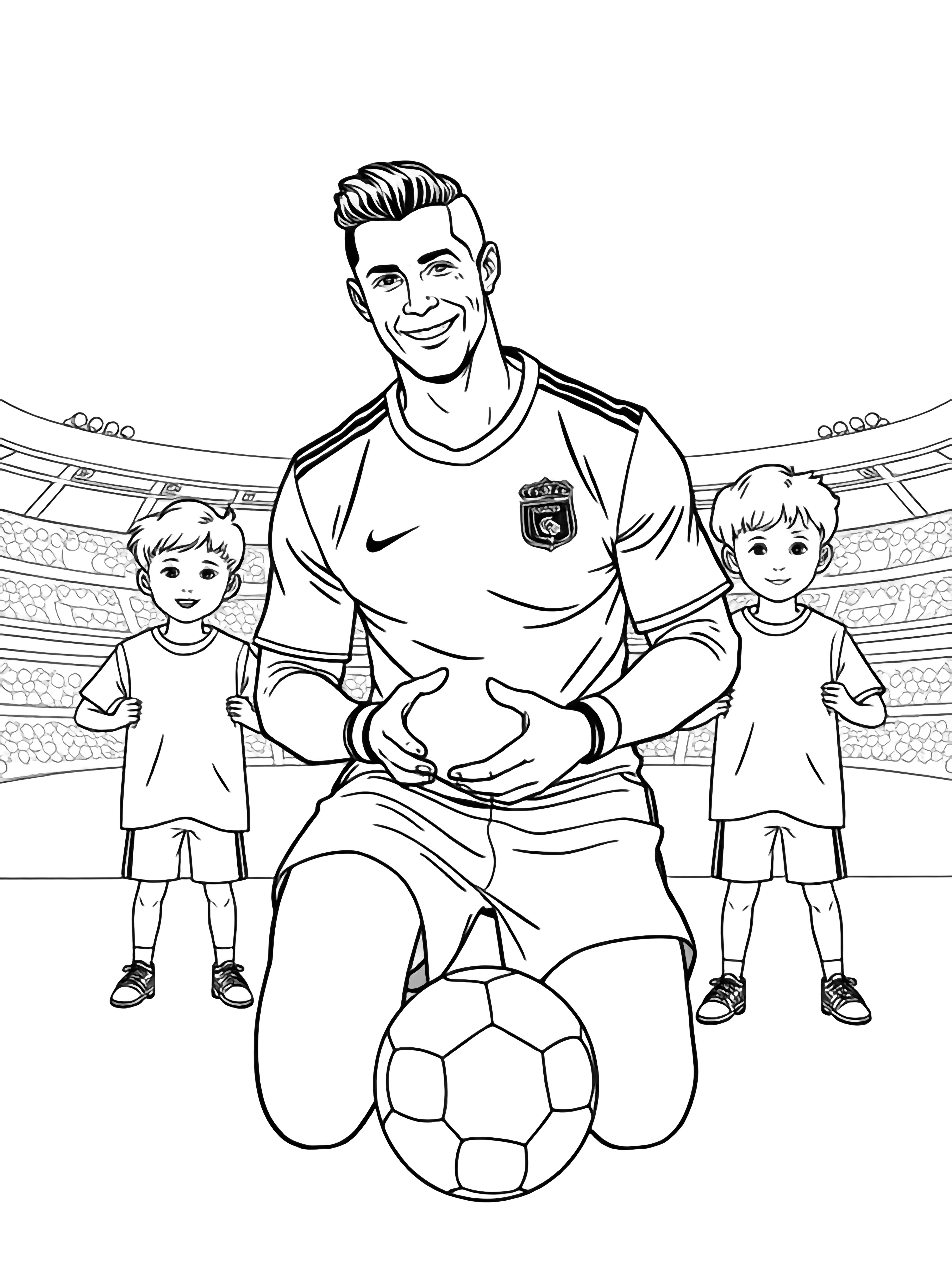 Ronaldo kneels smiling, signing a ball; three kids clutch shirts and balls around him in a simple stadium. kleurplaat