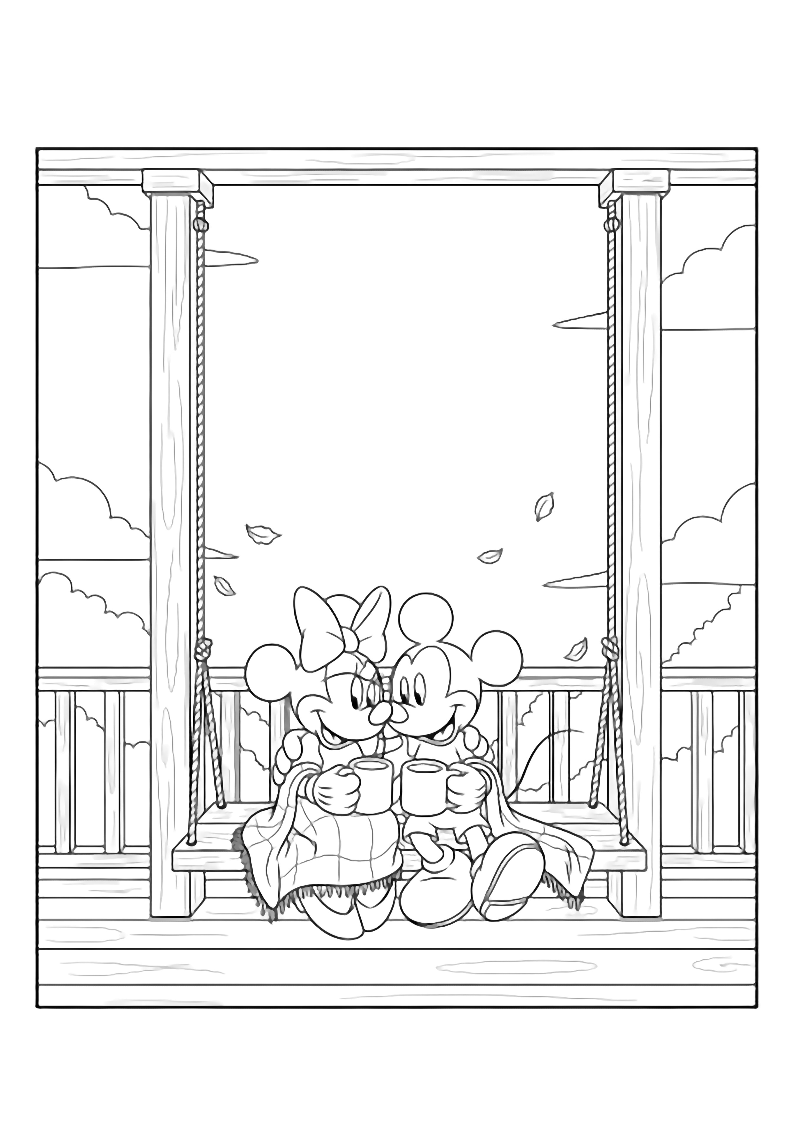 Mickey and Minnie snuggle on a porch swing under a shared blanket, sipping from mugs while autumn leaves drift past simple railings beneath an open sky. kleurplaat