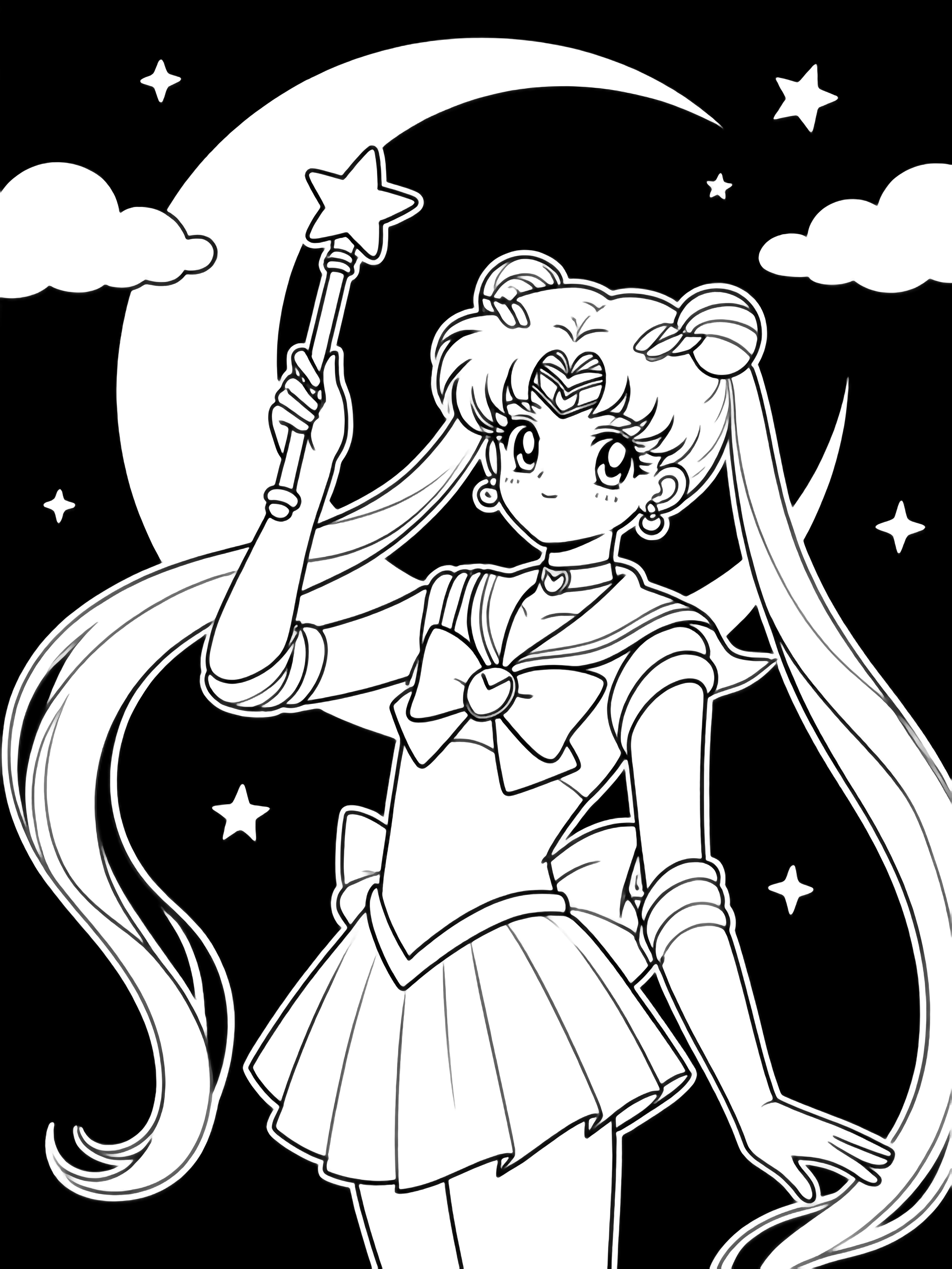 Sailor Moon stands center, long ponytails flowing, star wand raised; small crescent moon behind, few clouds and stars around. kleurplaat