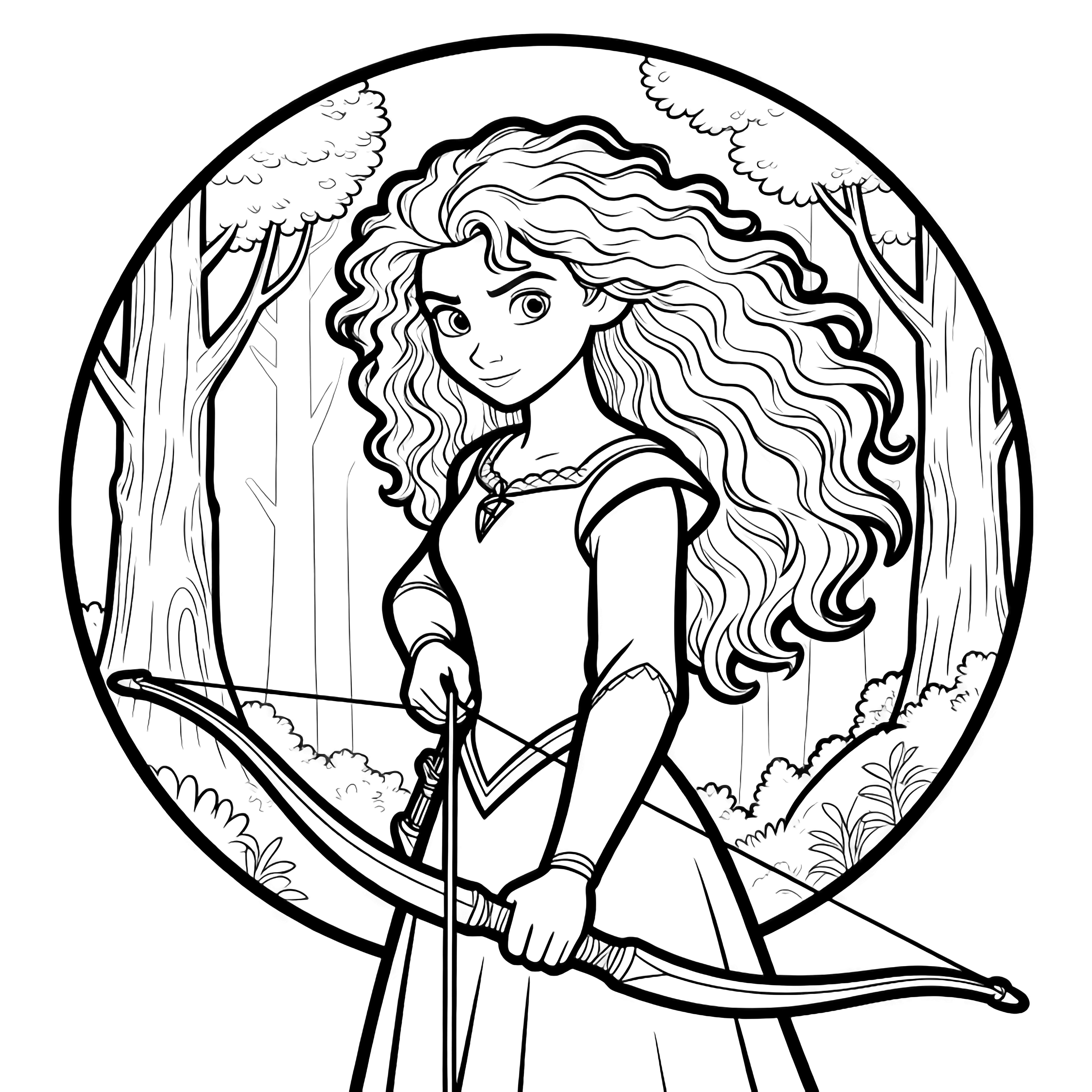Merida staat met neergelaten boog, wild haar wapperend, omkaderd door een eenvoudige cirkel van bos. kleurplaat