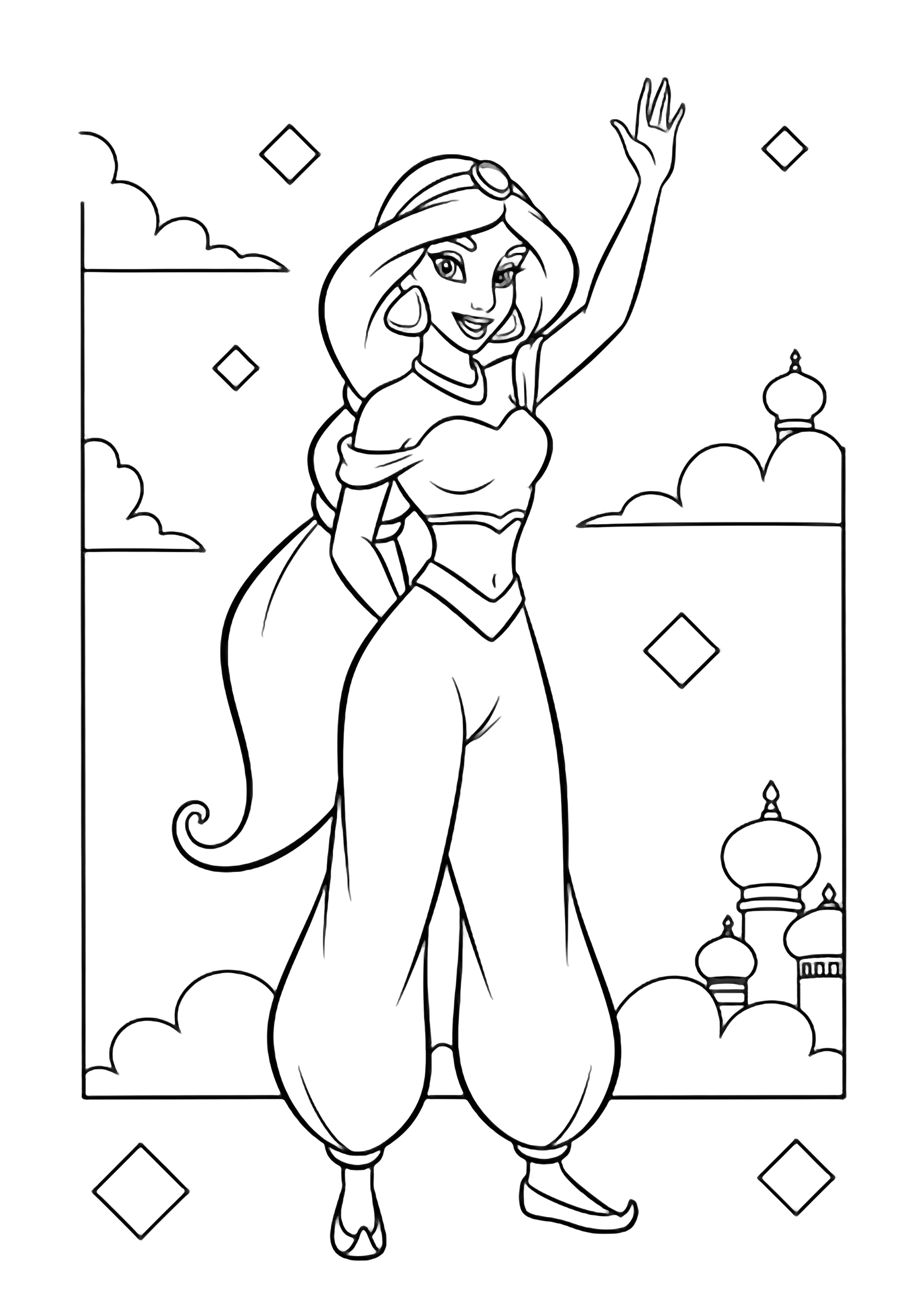 Princess Jasmine waves cheerfully, her hair flowing; palace tiles and clouds frame her. kleurplaat