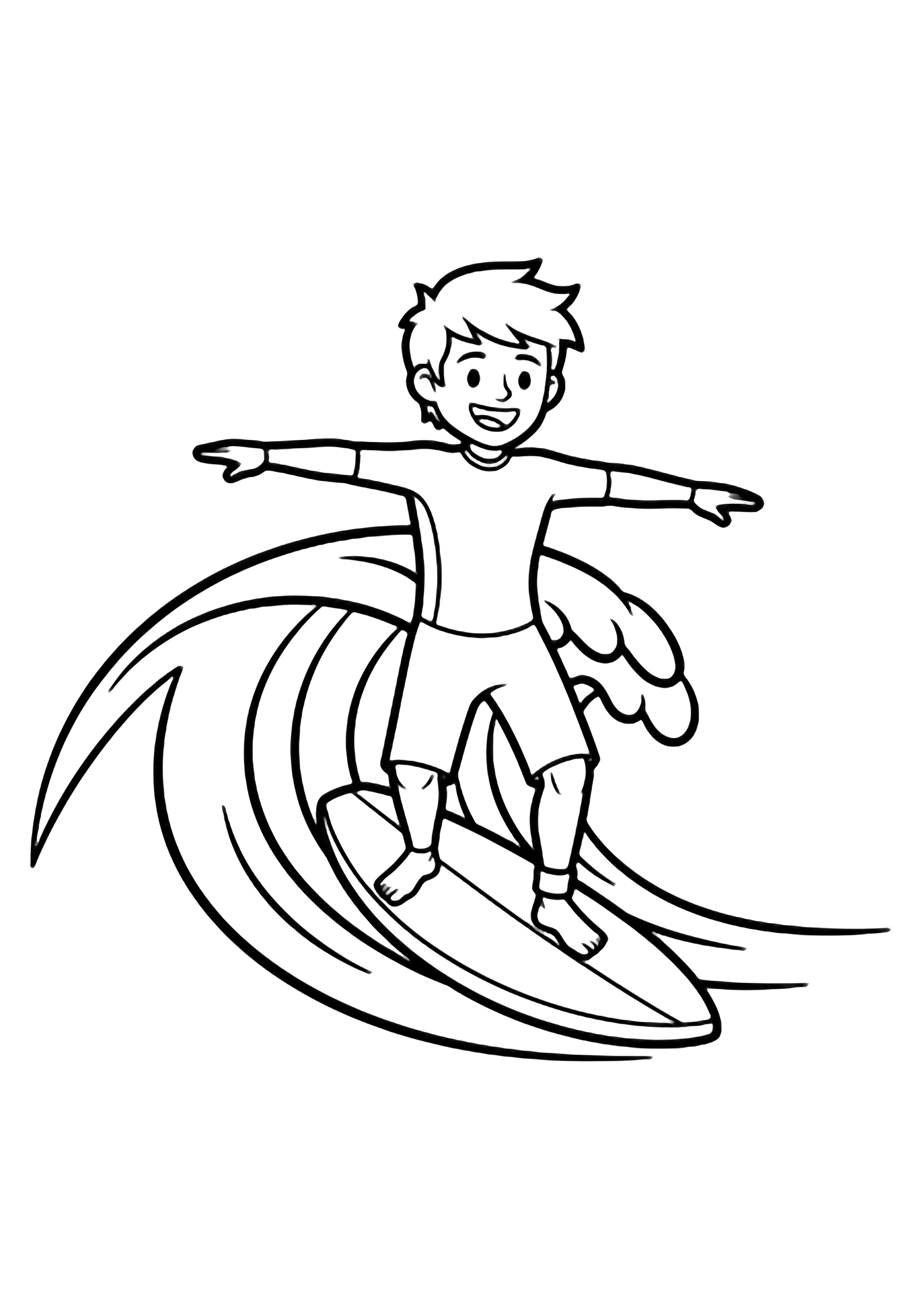 A smiling surfer balances arms-out atop a surfboard inside a cresting wave. kleurplaat