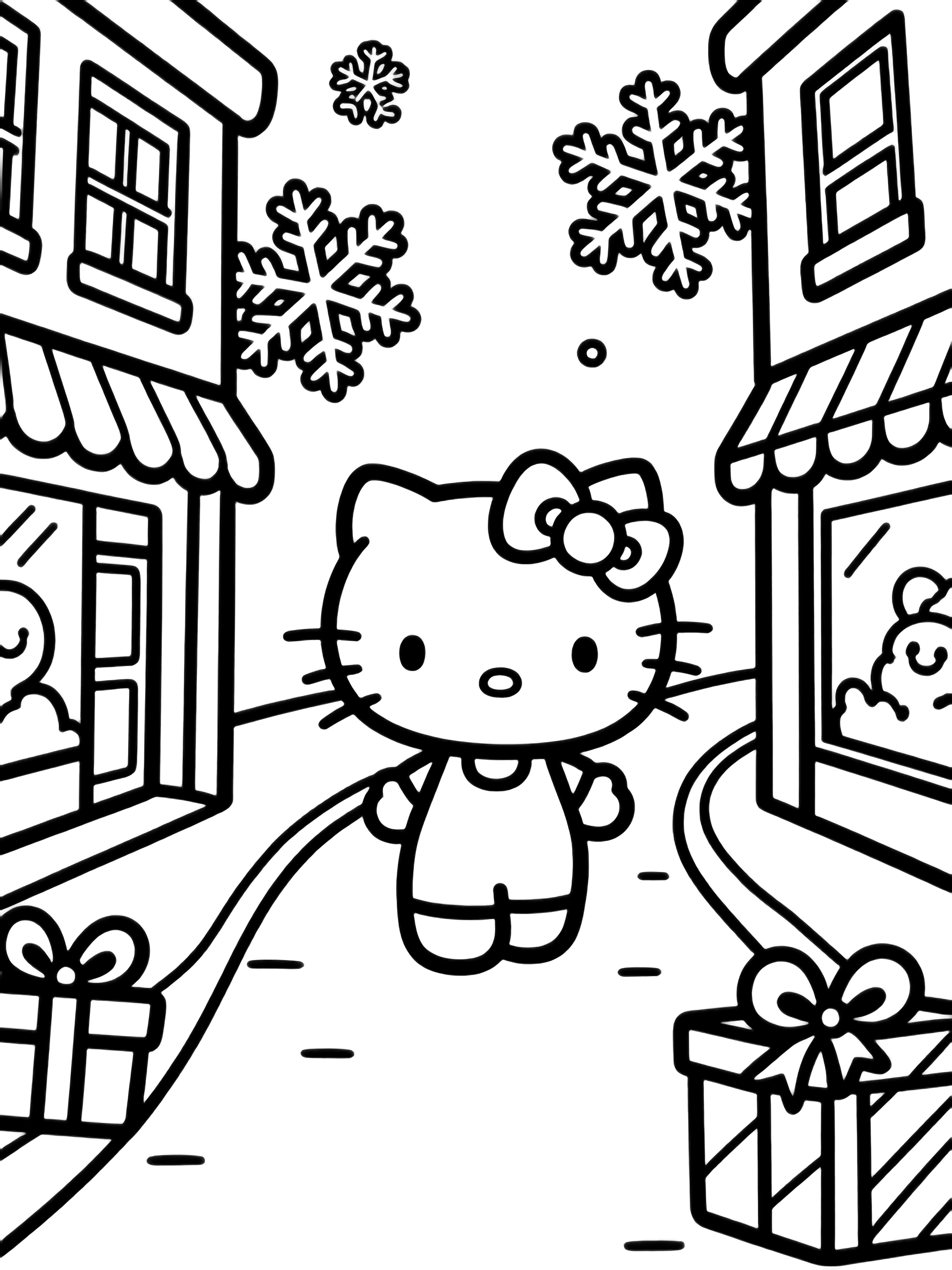 illustration on a Hello Kitty strolls center frame down a winding street; simple storefronts oversized snowflakes ribbon tied gifts and smiling bows frame her path all outlined in bold black with white interiors ready to color clean black kleurplaat