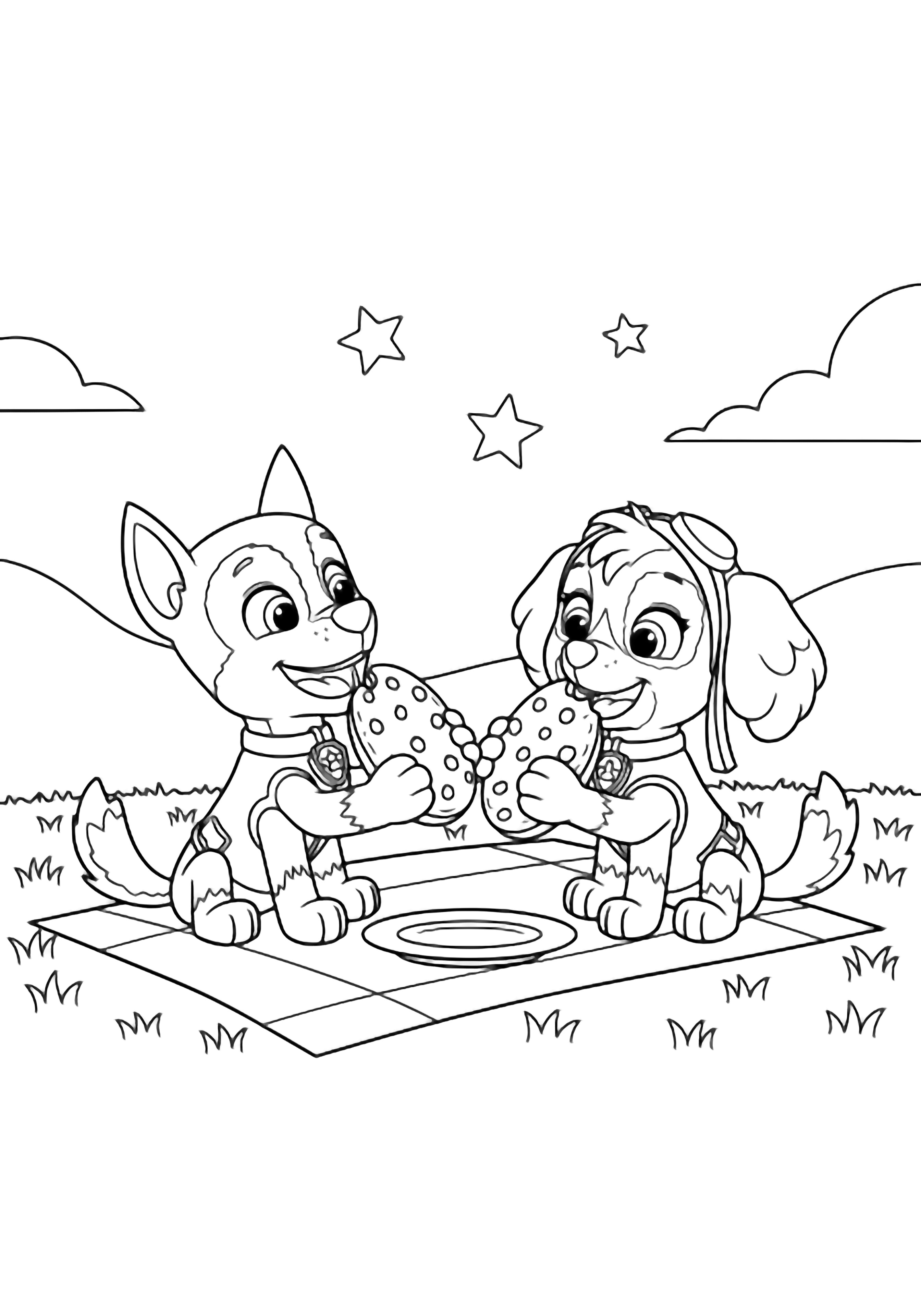 Chase and Skye sit tail-to-tail on a picnic blanket, happily swapping giant oval cookies; a plate between them, two stars above, gentle grass below, wide smiles, ears perked. kleurplaat