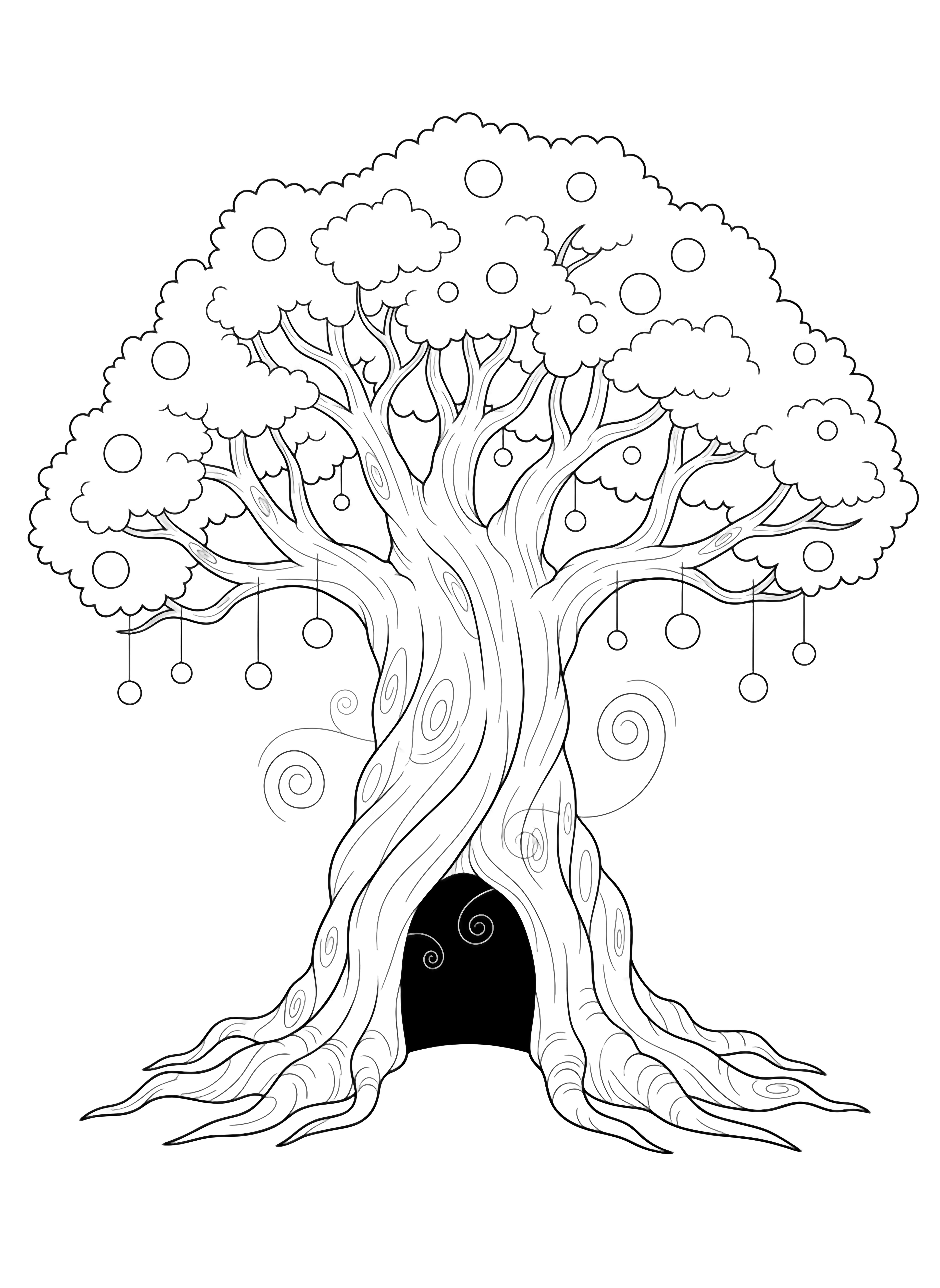 A giant gnarled tree with a hollow doorway, surrounded by floating empty circles and swirling magic lines. kleurplaat