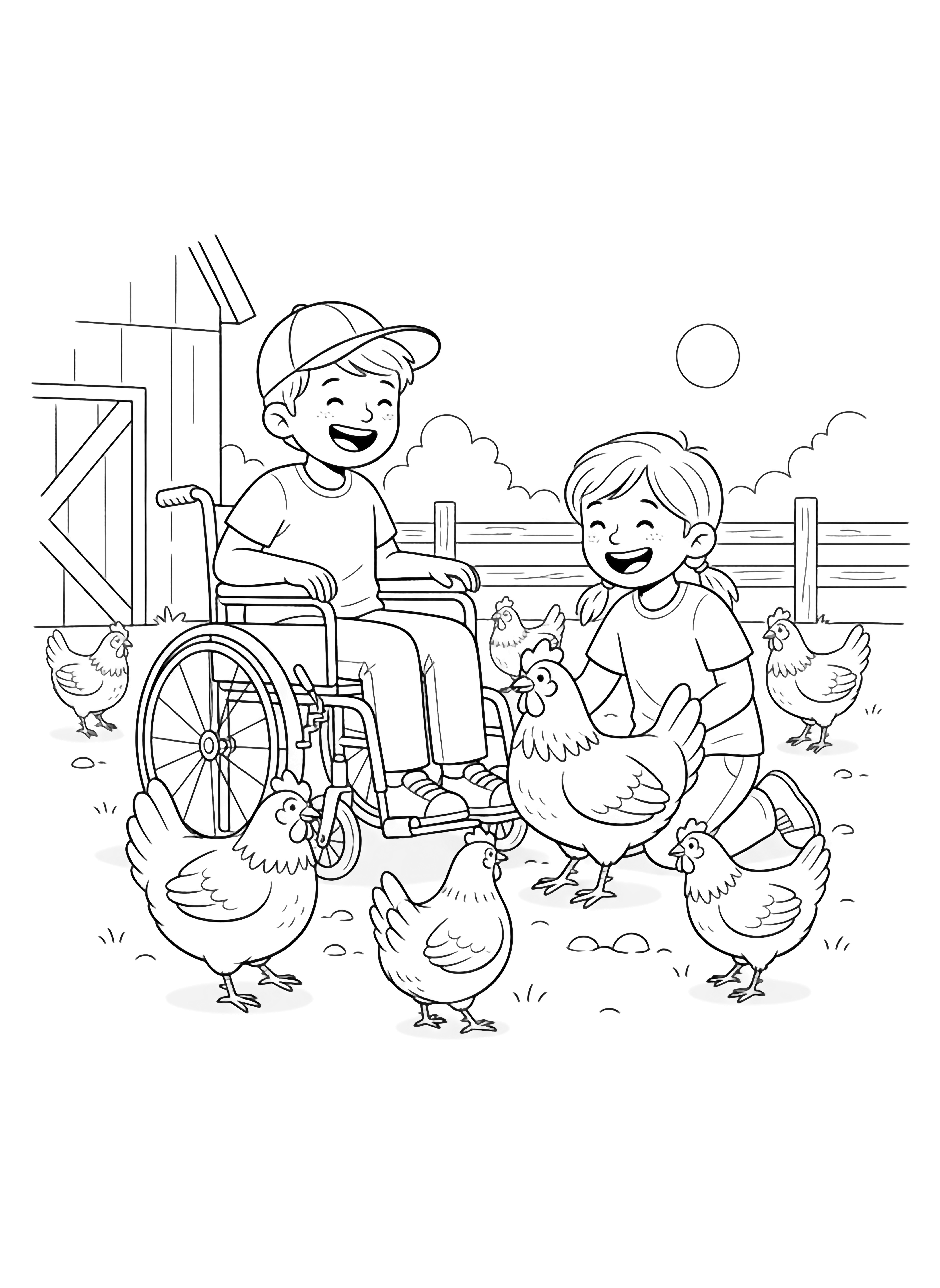 A black and white illustration of two cheerful children playing with friendly chickens in a sunny farmyard One child sits in a sturdy wheelchair with large wheels wearing a big smile and a baseball cap while the other child kneels beside a fluffy chicken both sharing giggles The chickens have different sizes some plump clean black and white line drawing minimal shading no colour no fill kleurplaat