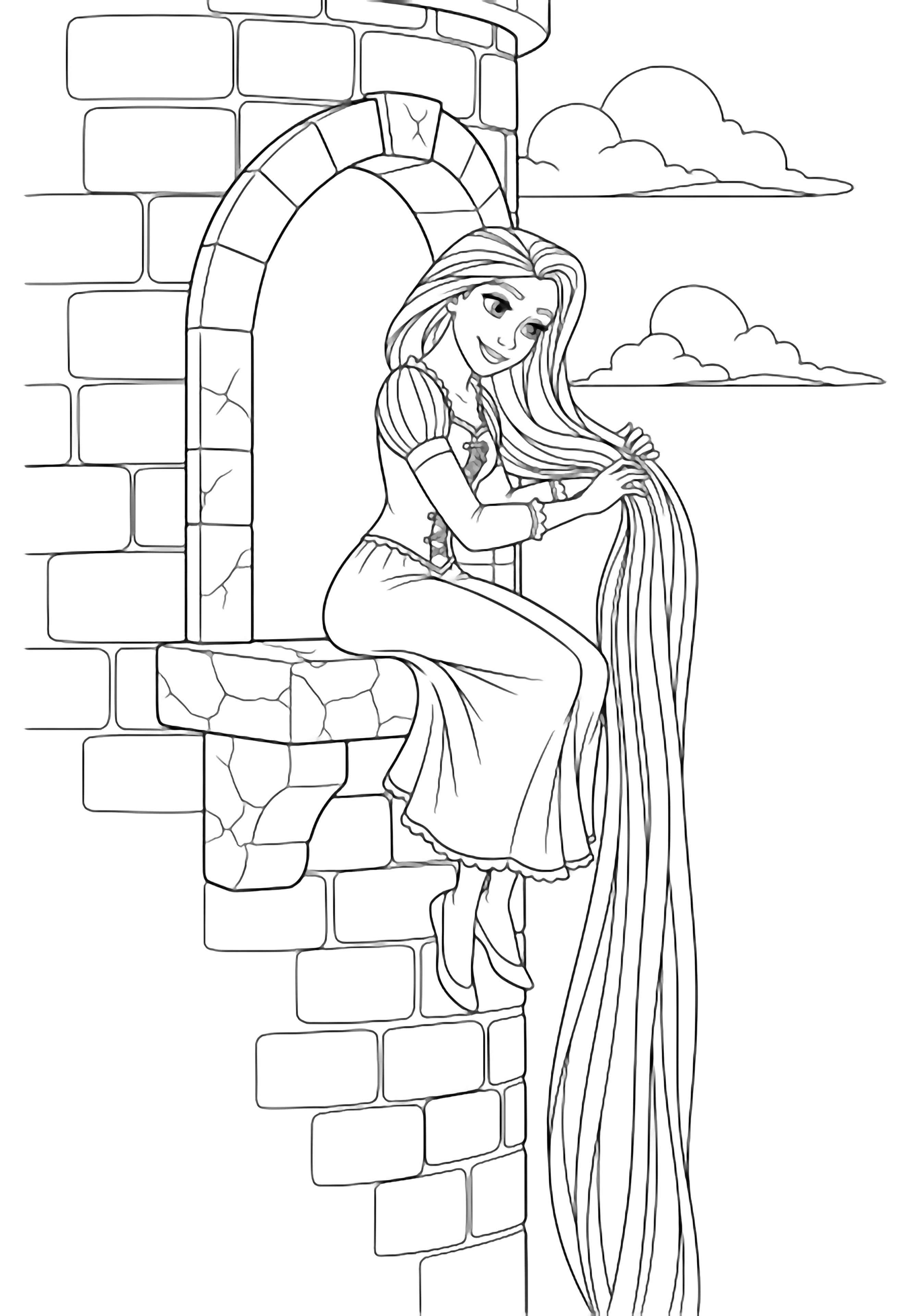 Rapunzel sits on a stone window ledge, her long hair spilling down; she smiles, stroking her tresses, a tower wall behind, simple clouds above. kleurplaat