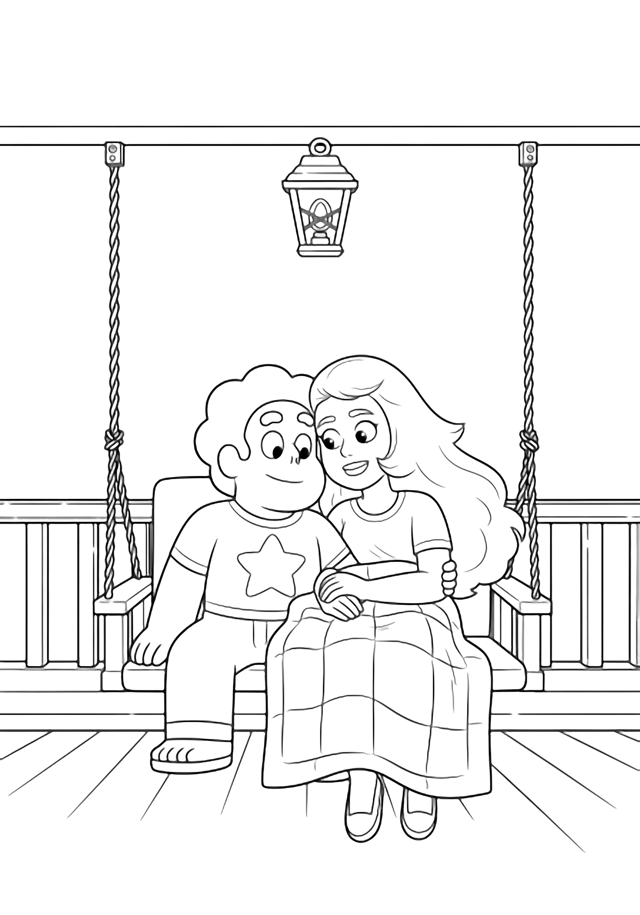 Steven Universe and Connie snuggle on a quilt-draped porch swing, gentle smiles, wooden rails behind, lantern overhead. kleurplaat