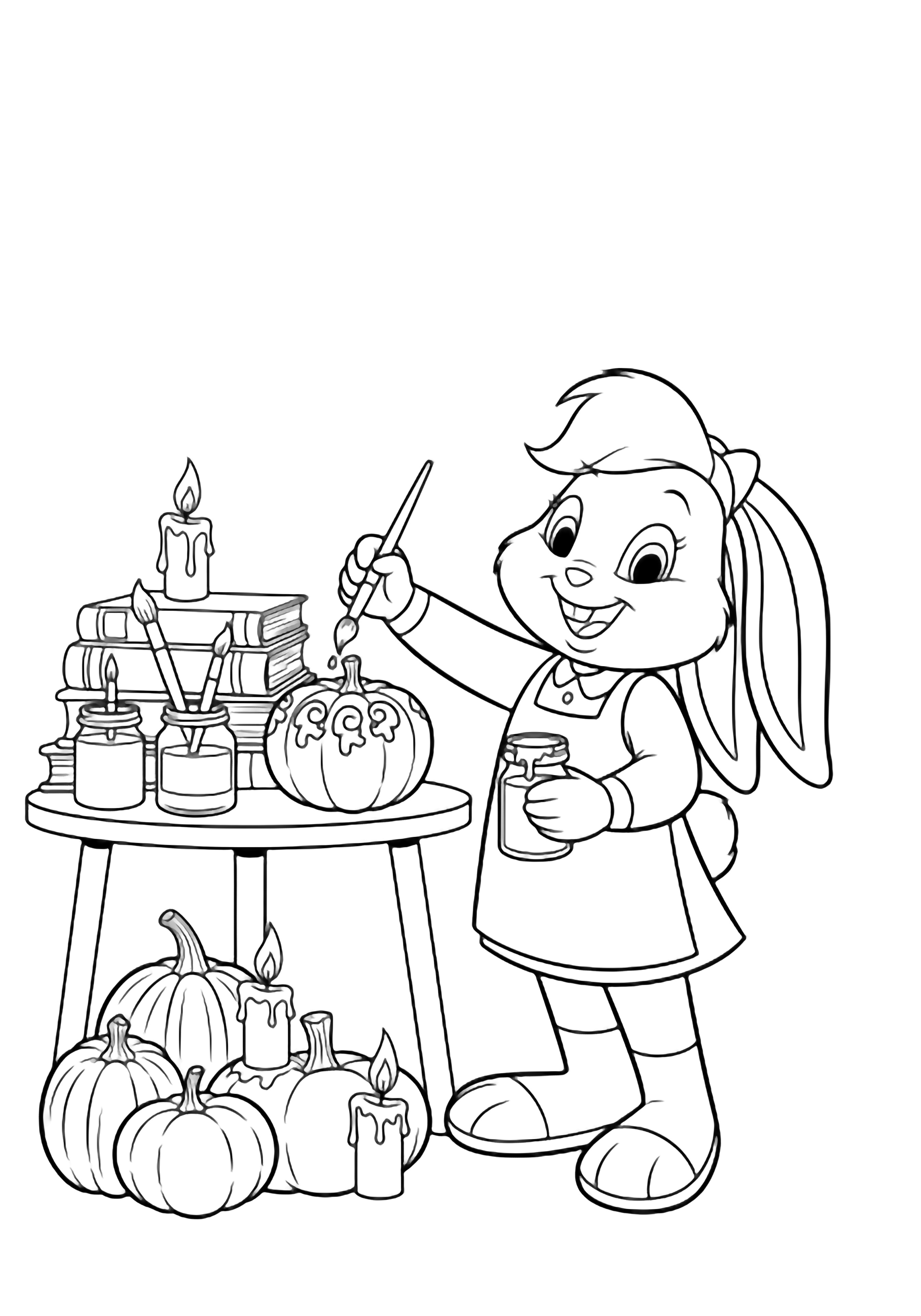 Lola Bunny happily paints a pumpkin at a small table, surrounded by pumpkins, paint jars, candles, and stacked books. kleurplaat