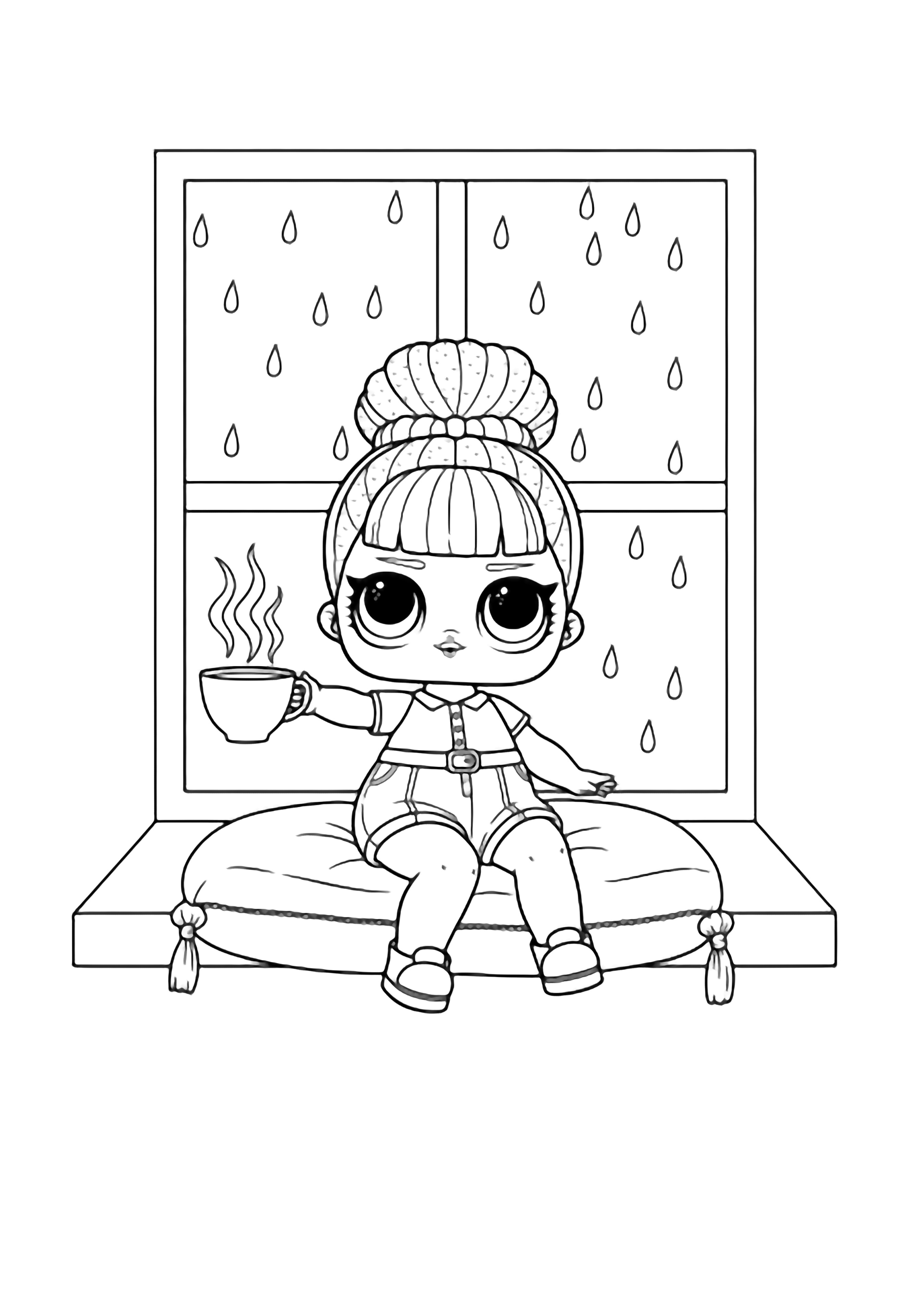 LOL Surprise Sugar doll perched on a cushioned windowsill, legs dangling, sipping steaming tea while raindrops slide down the window behind her. kleurplaat