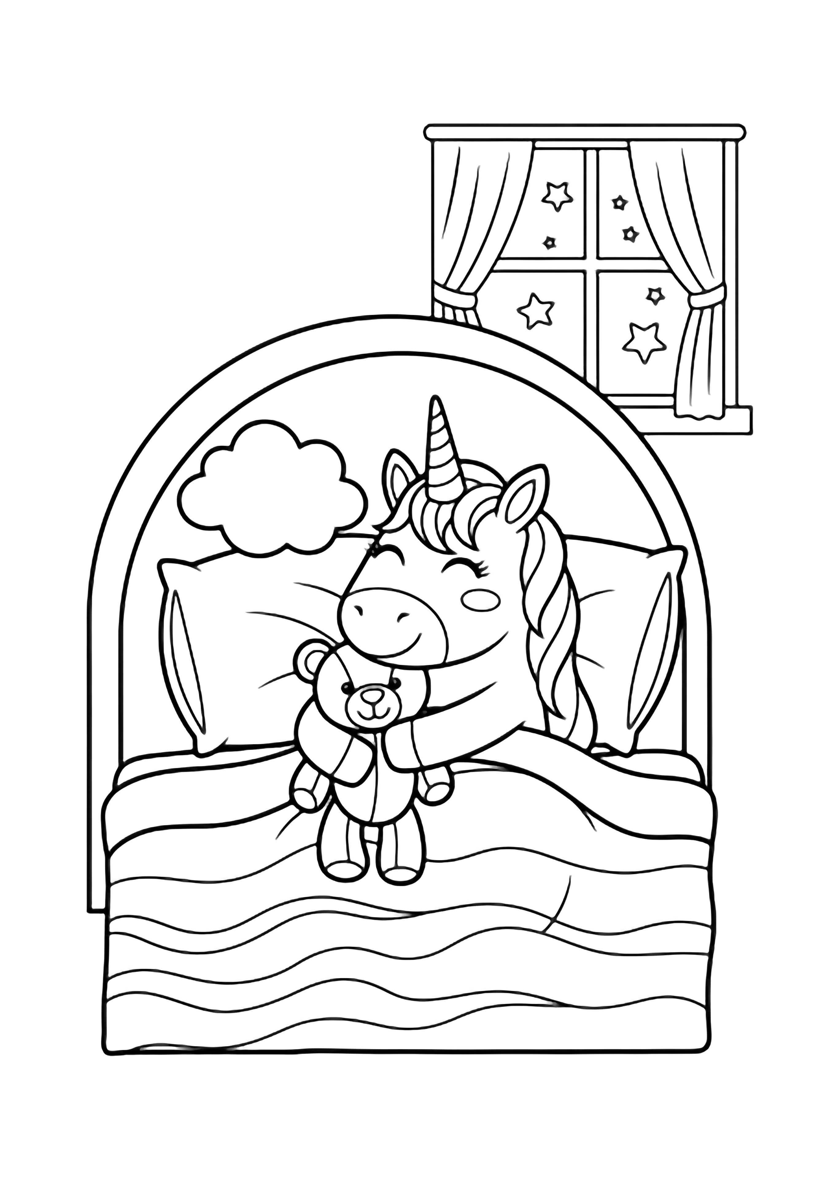 A smiling unicorn hugs a teddy bear under a wavy blanket on a bed with a rounded headboard, a cloud pillow, open-curtained window, and drifting stars. kleurplaat