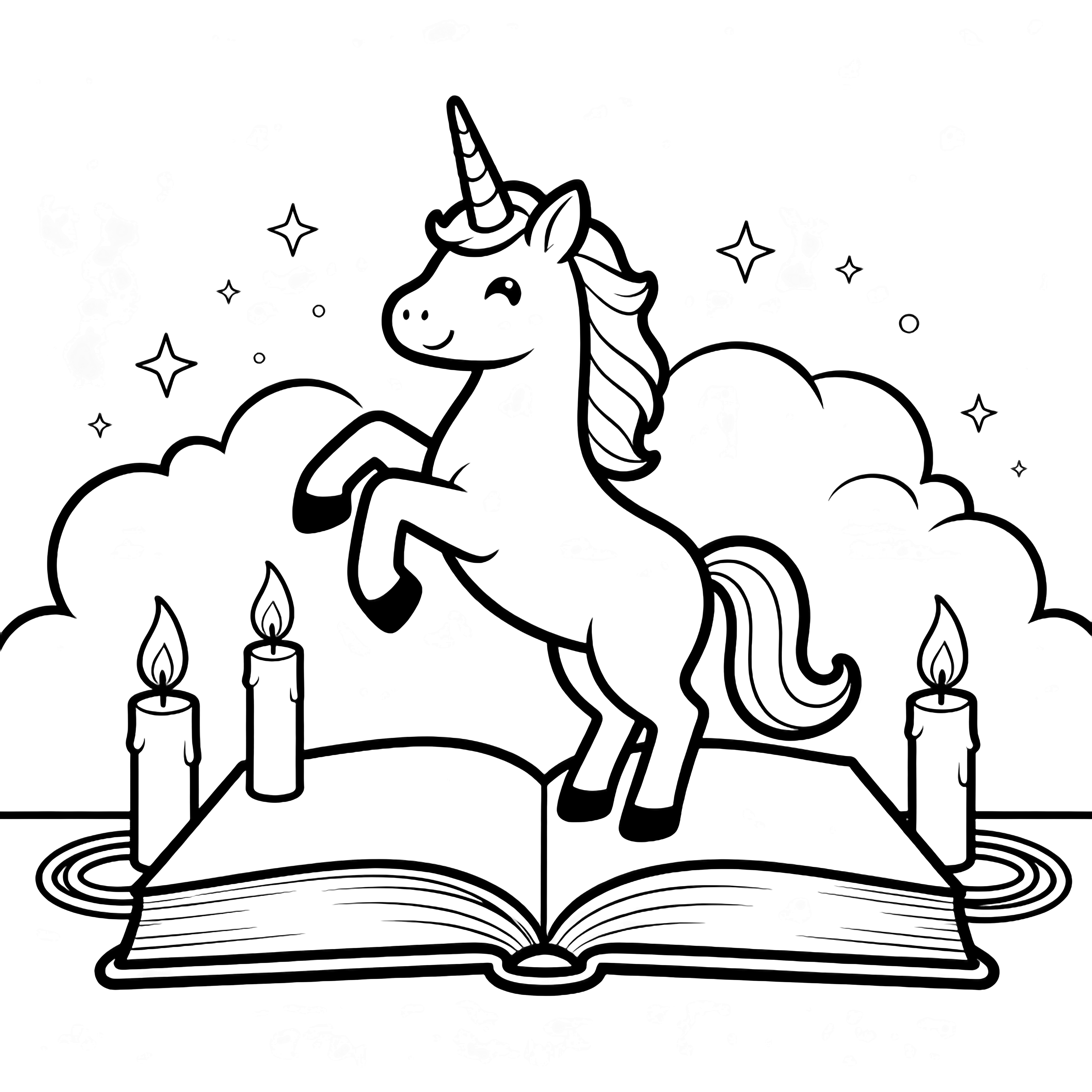 A smiling unicorn rears amid floating open books, drifting candles, loop-flamed clouds and tiny stars. kleurplaat