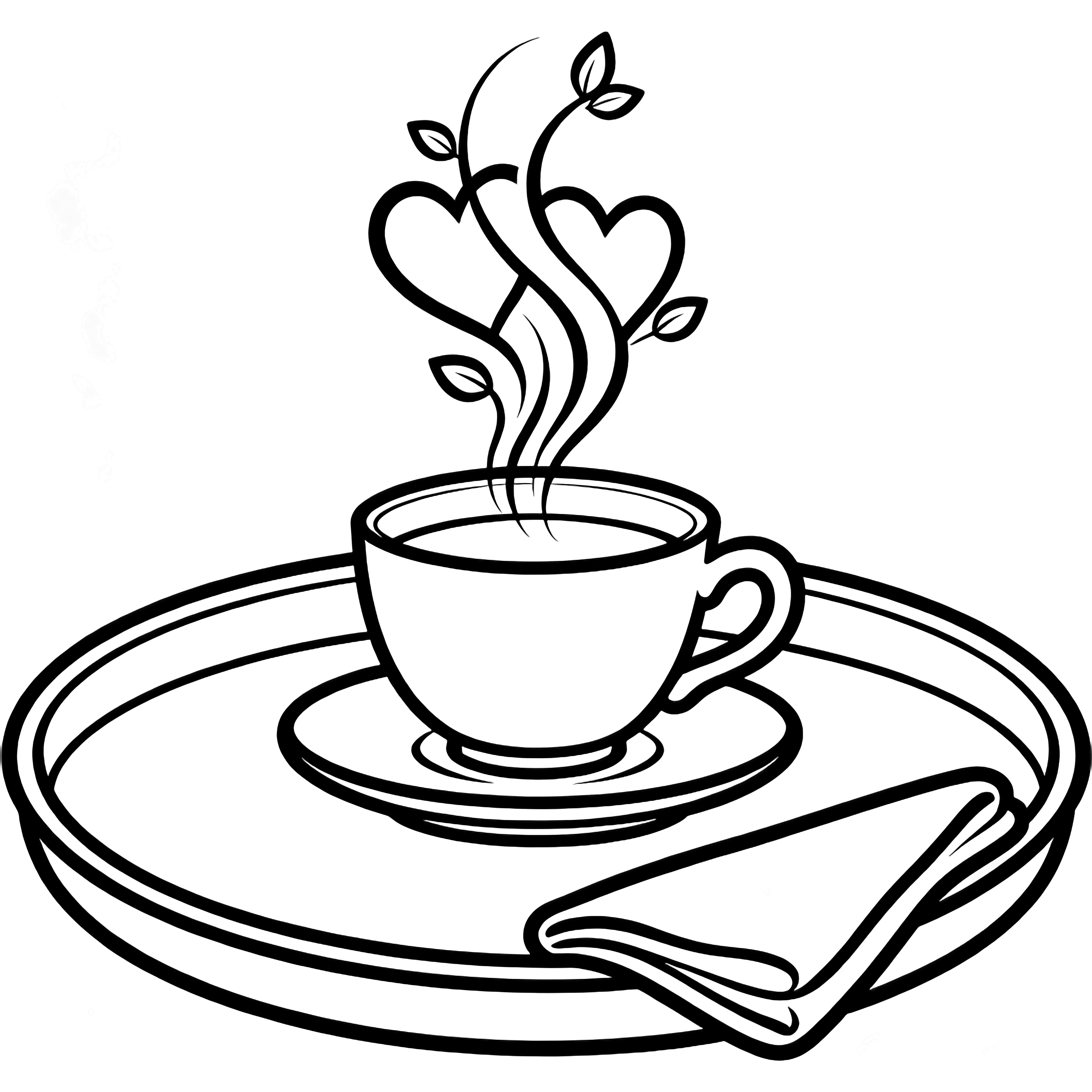 A teacup on a saucer sends up steam that curls into hearts and little leaves, arranged on a round tray beside a folded napkin. kleurplaat
