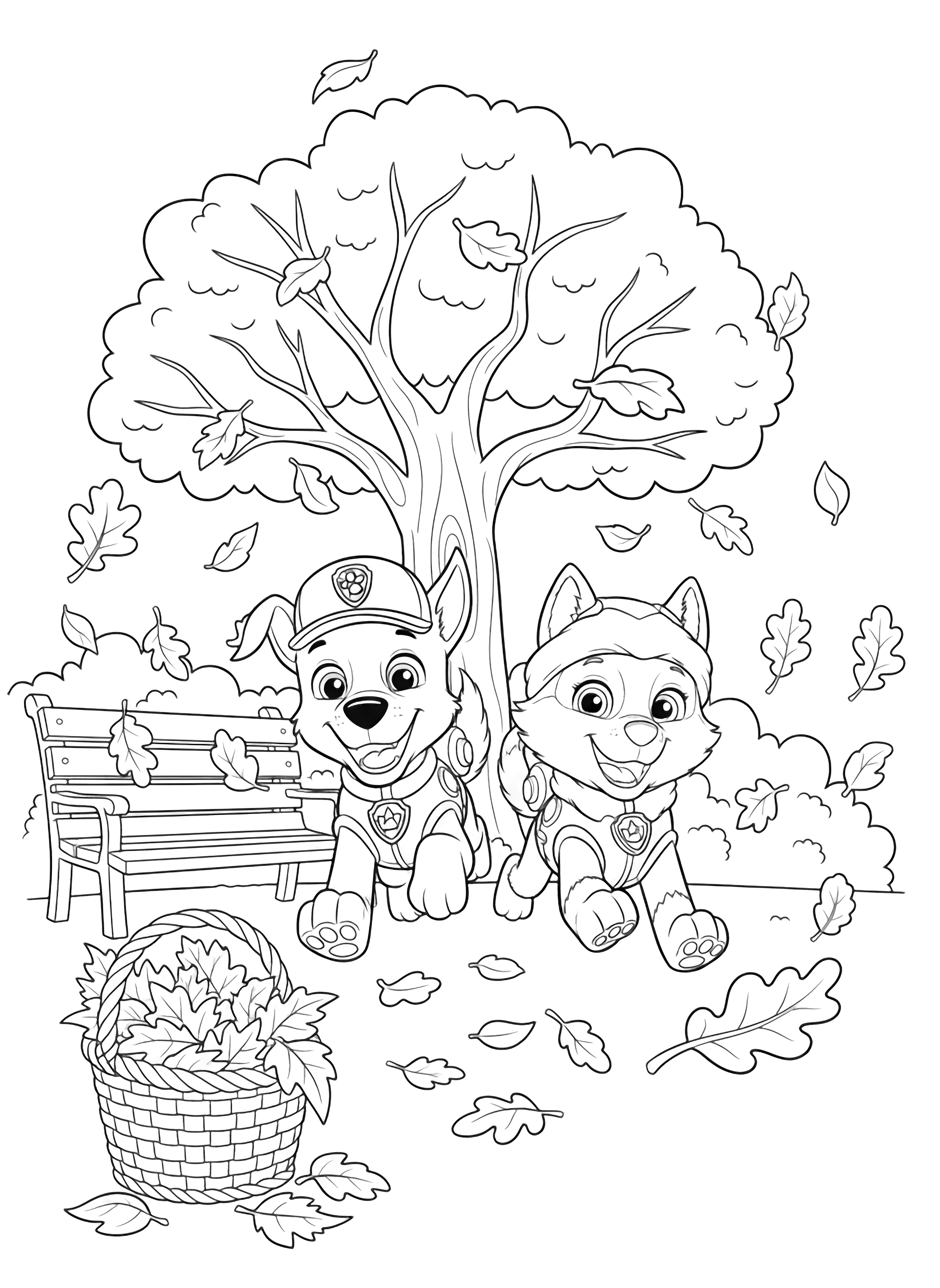 A black and white page showing Rocky and Everest joyfully running through an autumn park The playful pups have big smiles as they dash between swirling leaves of various shapes and sizes floating down from above A simple wooden bench and a tree with bare branches create a gentle background In the foreground a woven basket overflows with clean black and white line drawing minimal shading no colour no fill kleurplaat