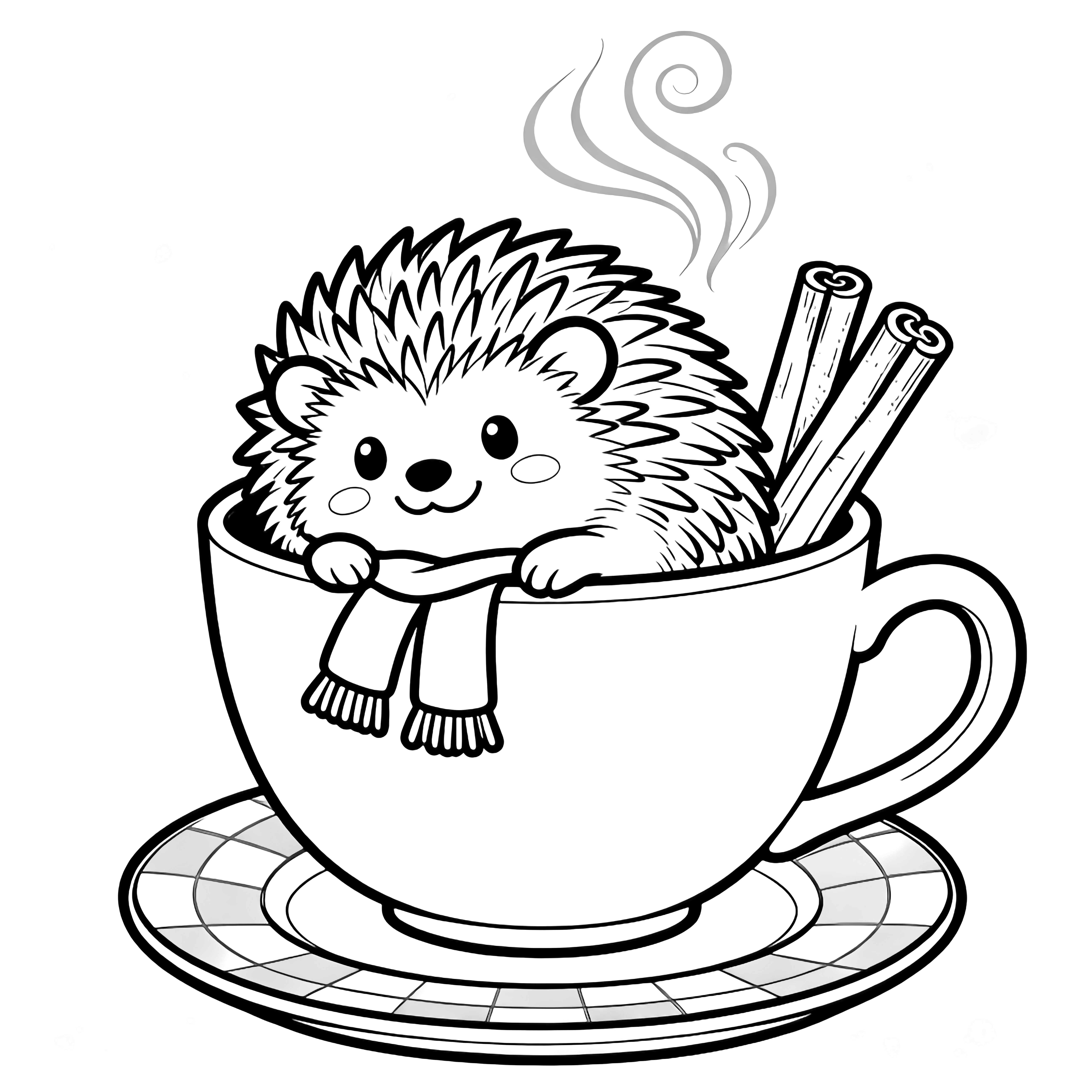 A smiling hedgehog nestles inside a large teacup with a tiny scarf; three cinnamon sticks rest nearby as steam curls above a checkered saucer. kleurplaat