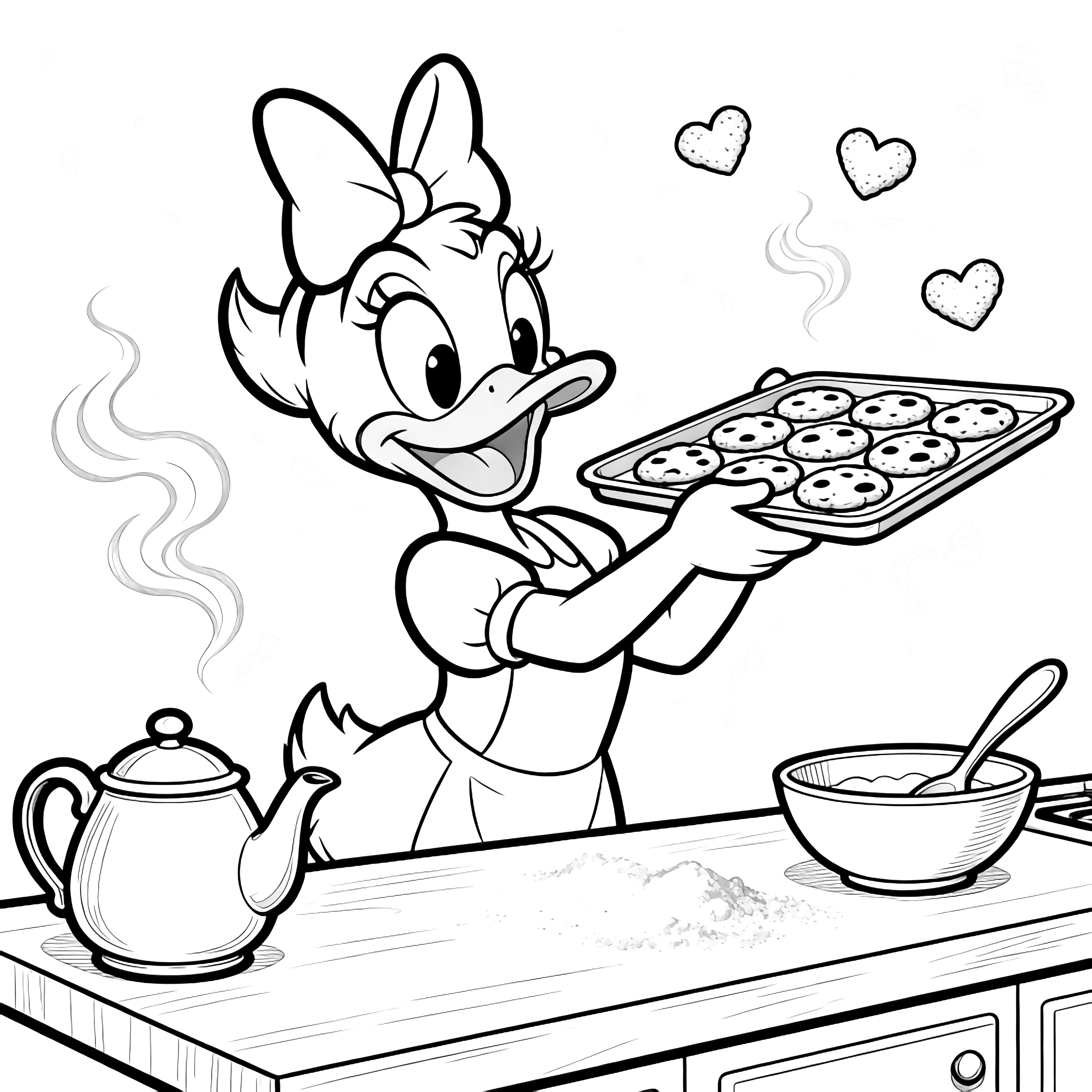 Daisy Duck happily lifts a tray of round cookies at a kitchen counter, surrounded by a teapot, bowl, spoon, drifting steam, and heart-shaped flour puffs. kleurplaat