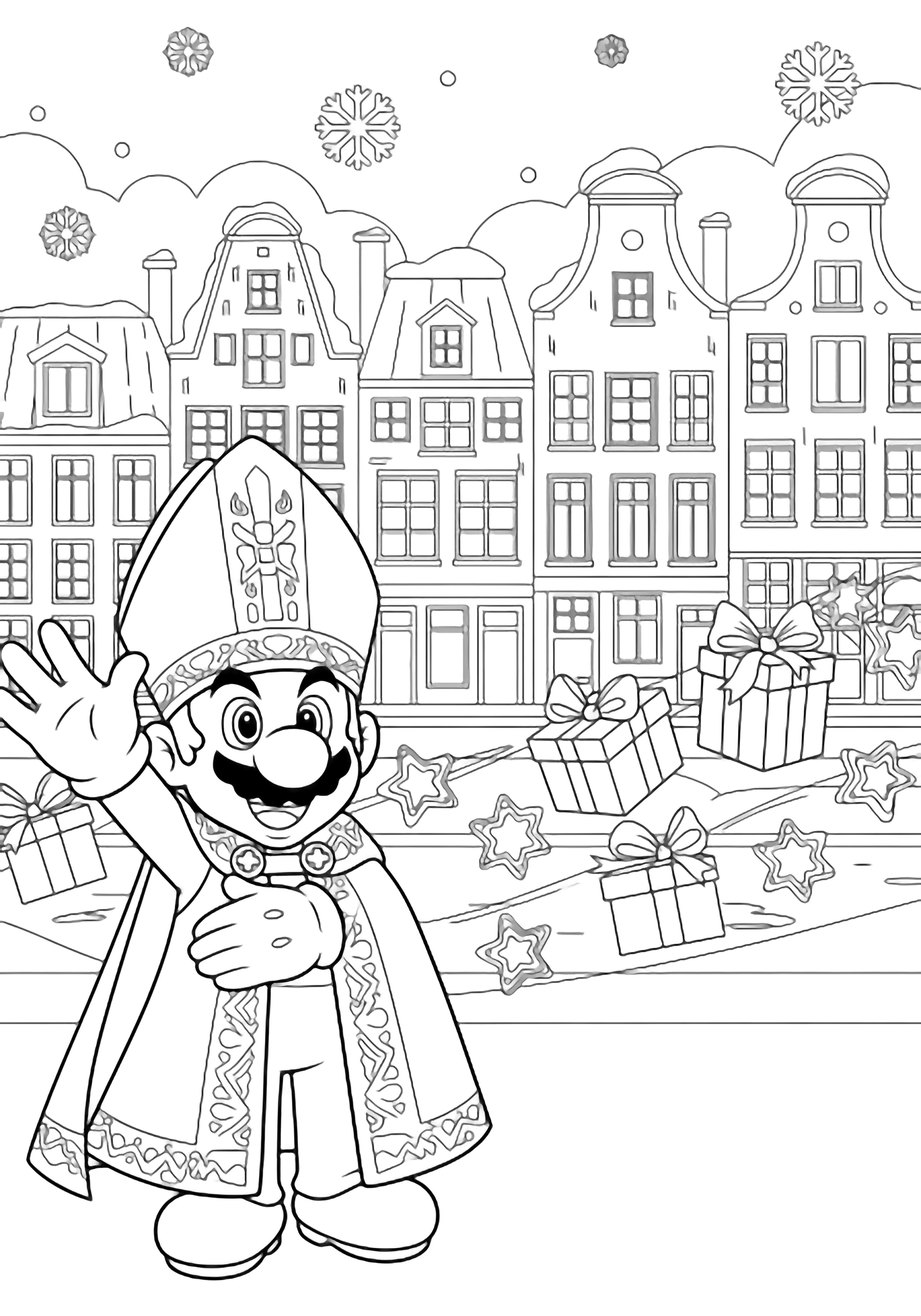 Mario waves in bishop's attire; Dutch canal houses, gifts, star cookies drift along a snowy street under falling snowflakes. kleurplaat
