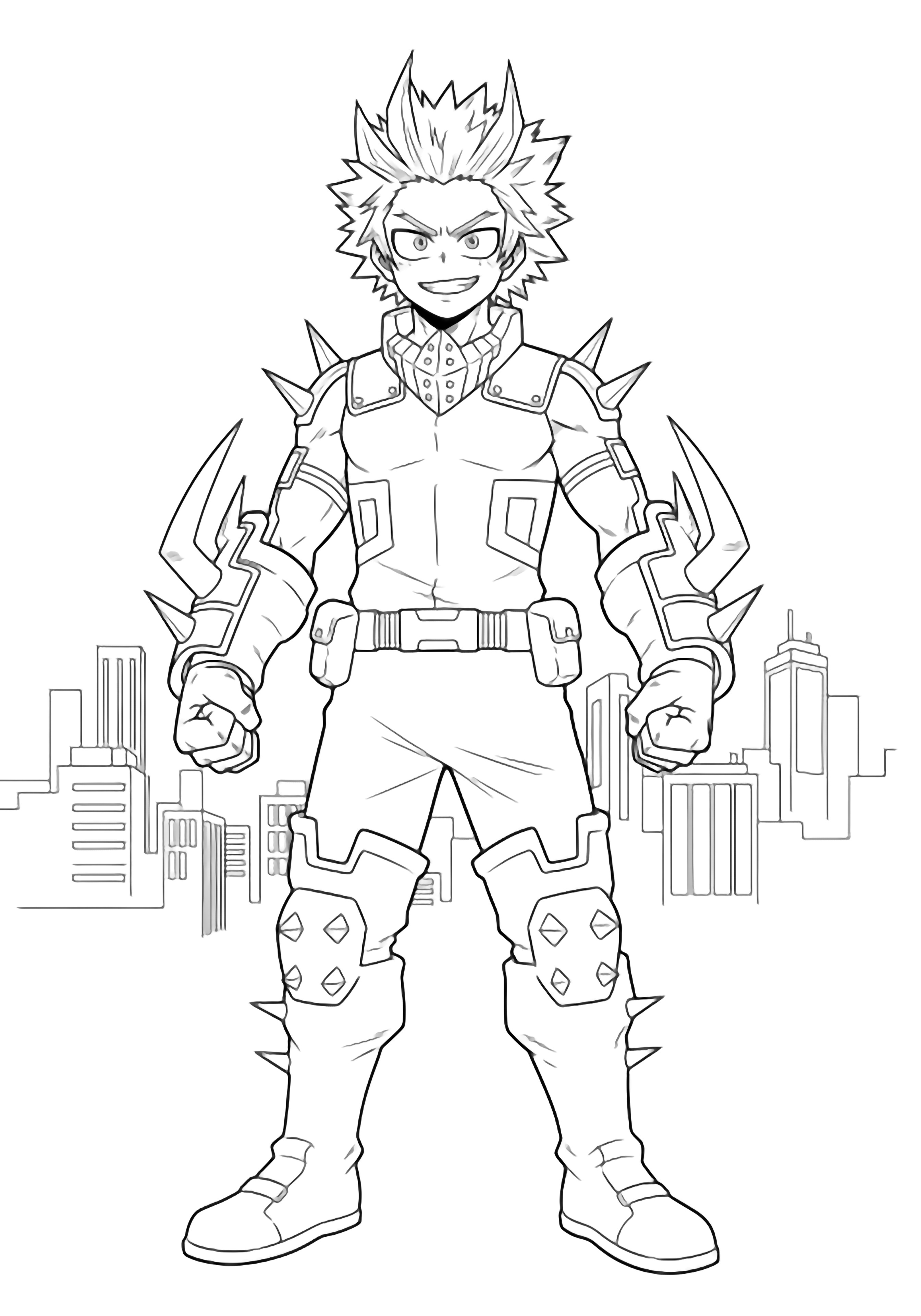 Kirishima poses heroically, fists clenched, jagged armor spikes lining his body, spiky hair flaring up, confident smile, simple city skyline behind. kleurplaat