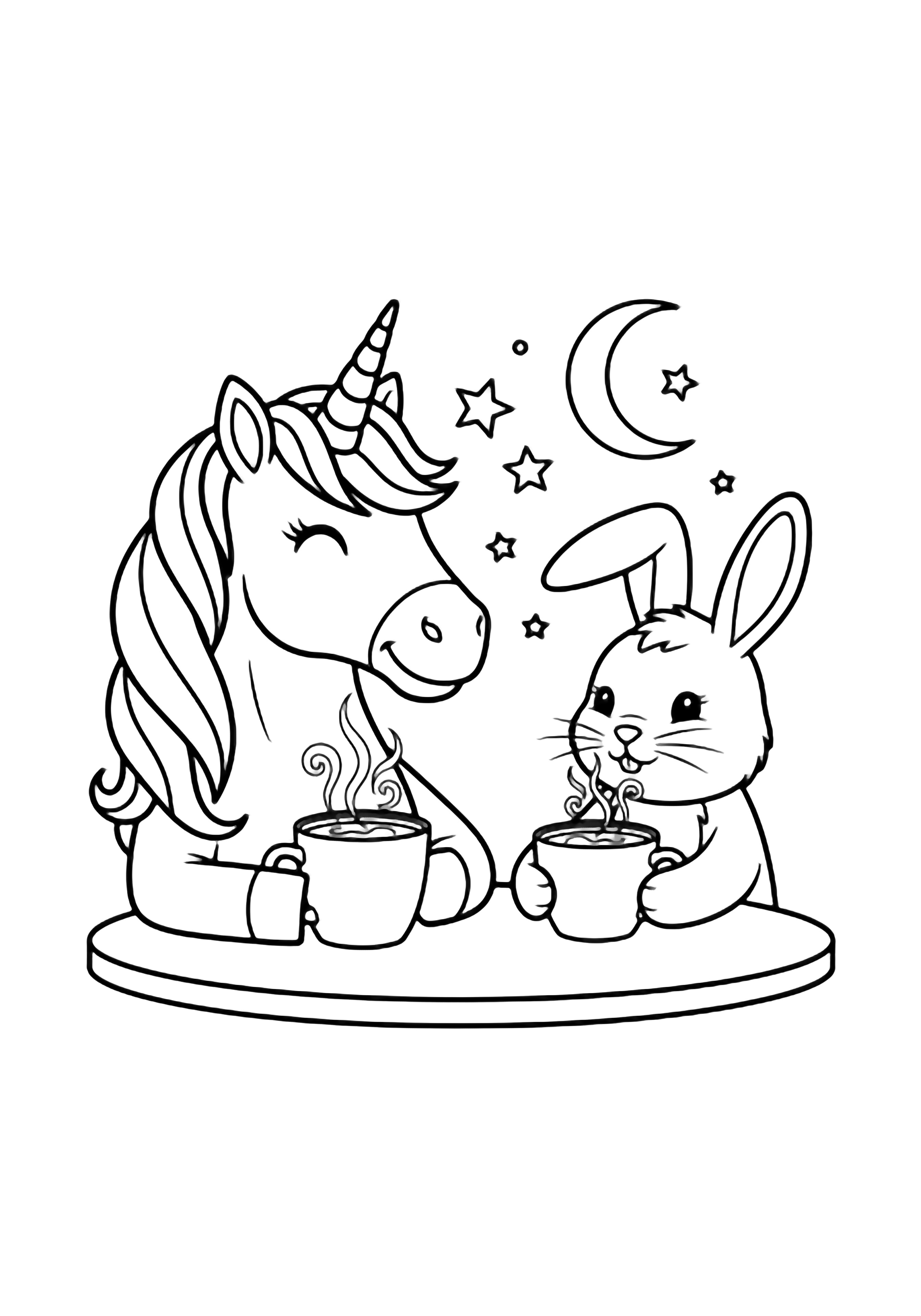 A smiling unicorn and a fluffy bunny sit at a small table, sharing a large mug of hot chocolate, steam curling upward beneath stars and a crescent moon. kleurplaat