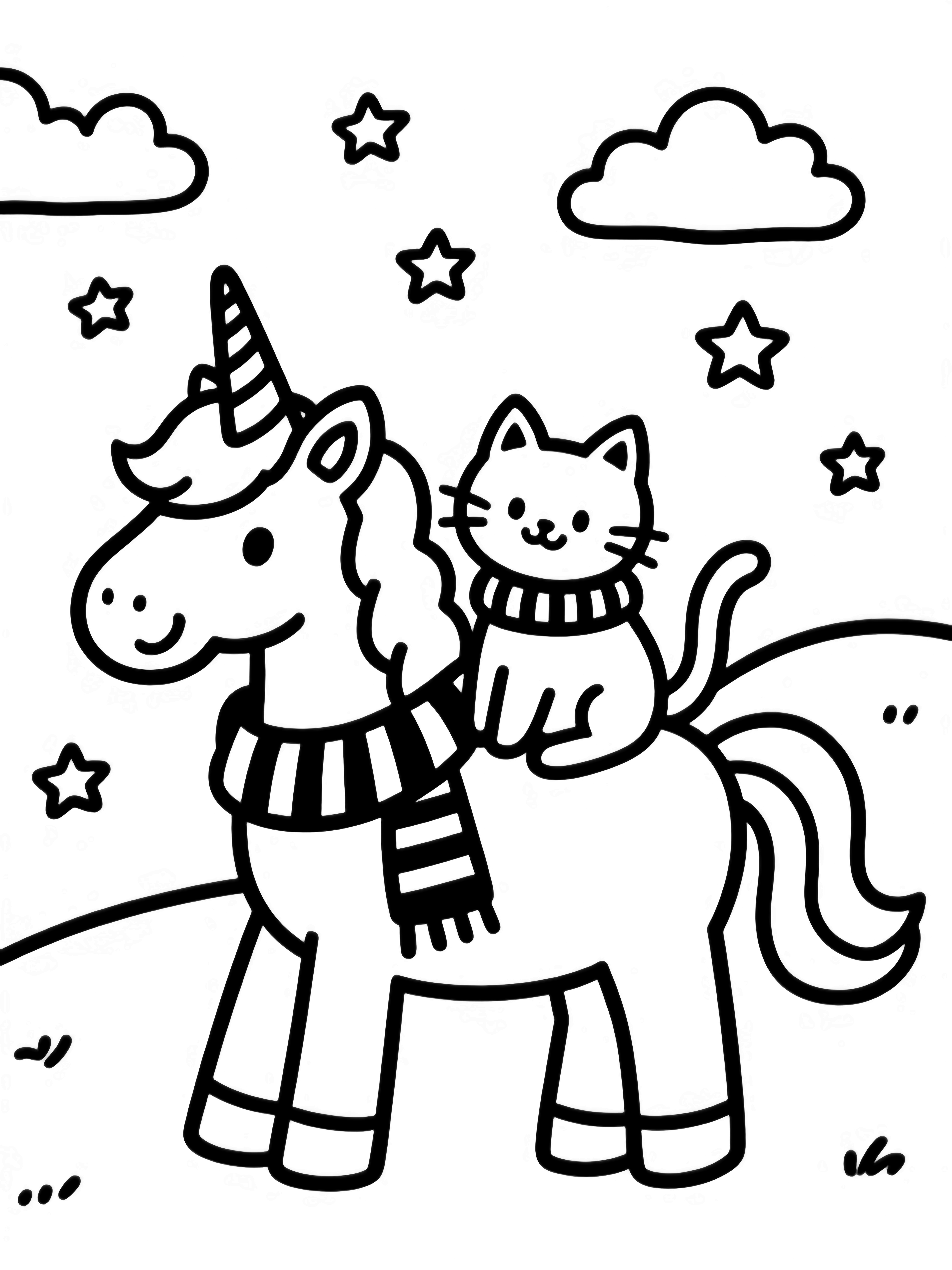 A smiling unicorn with a striped scarf sits tall while a tiny scarf-wearing cat perches on its back, framed by clouds, stars, and a gentle hill. kleurplaat