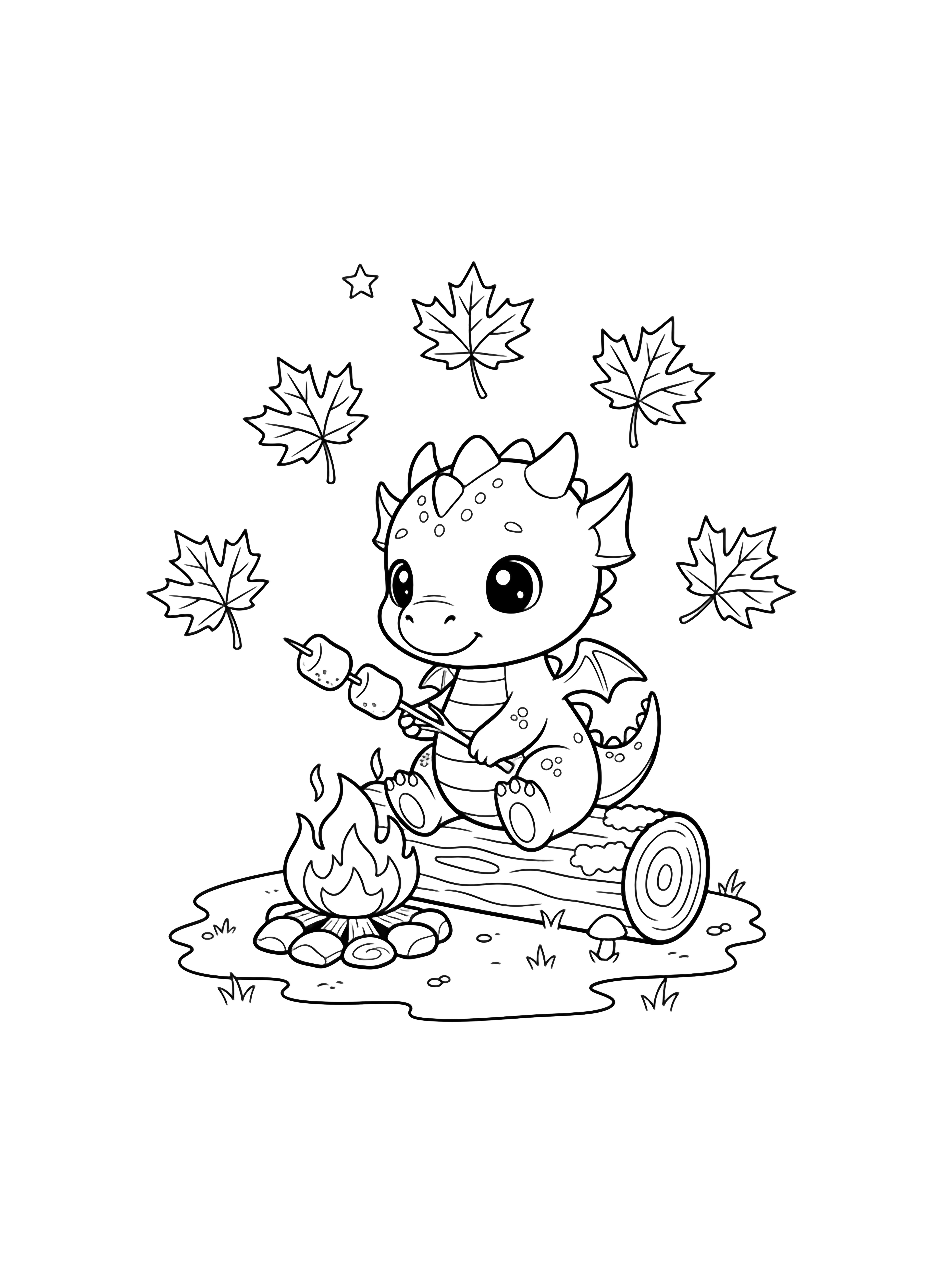 A kawaii baby dragon on a log roasts marshmallows over a campfire while five maple leaves swirl above and a tiny star twinkles nearby. kleurplaat