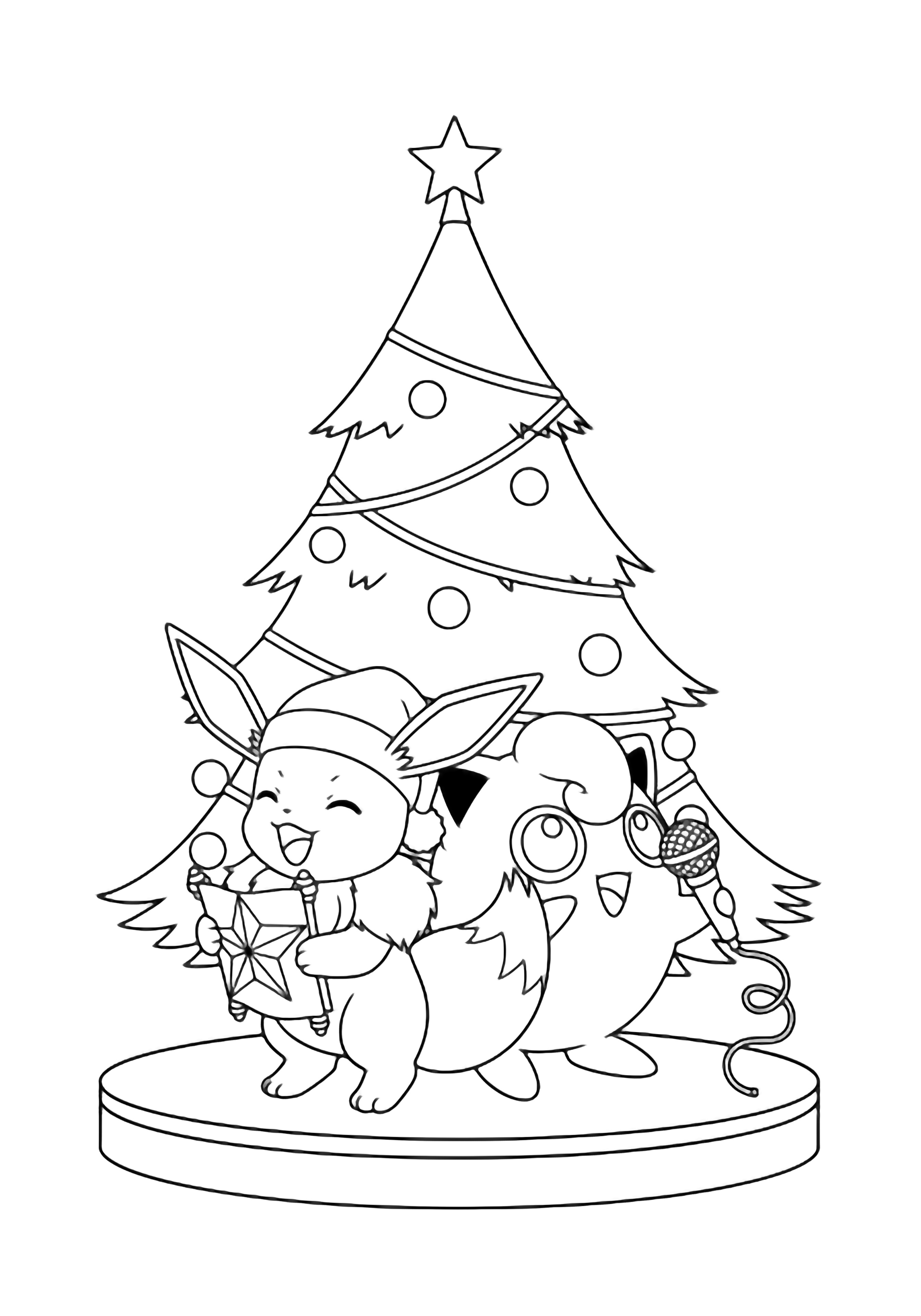 Eevee and Jigglypuff sing back-to-back on a tiny stage, star scroll and mic in paws, before an undecorated Christmas tree topped with a plain star. kleurplaat