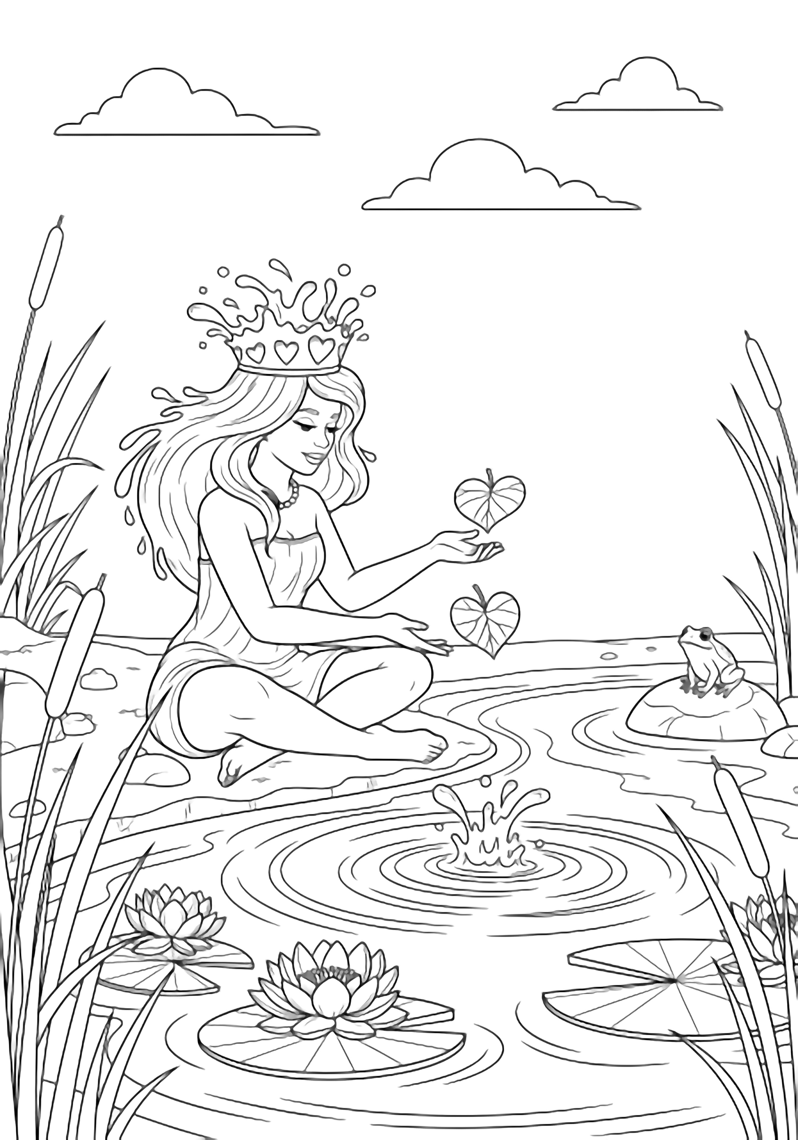 Splash Queen sits cross-legged by a pond, tossing heart-shaped leaves; ripples spread, lilies drift, reeds frame her, a tiny frog watches from a stone, clouds drift above. kleurplaat