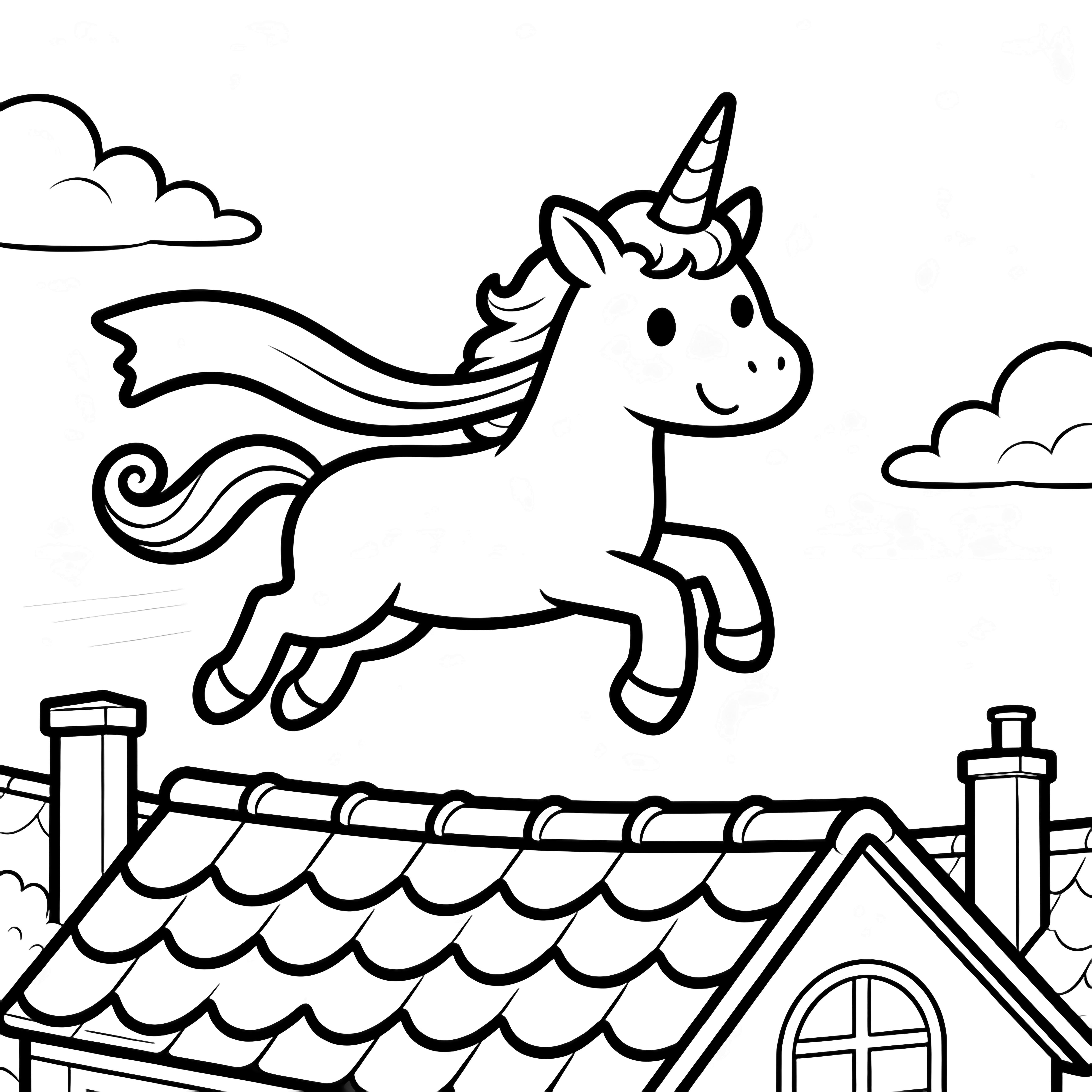 A unicorn glides above wavy rooftops, its long scarf and mane flowing, tail curling, with simple clouds and chimneys below. kleurplaat