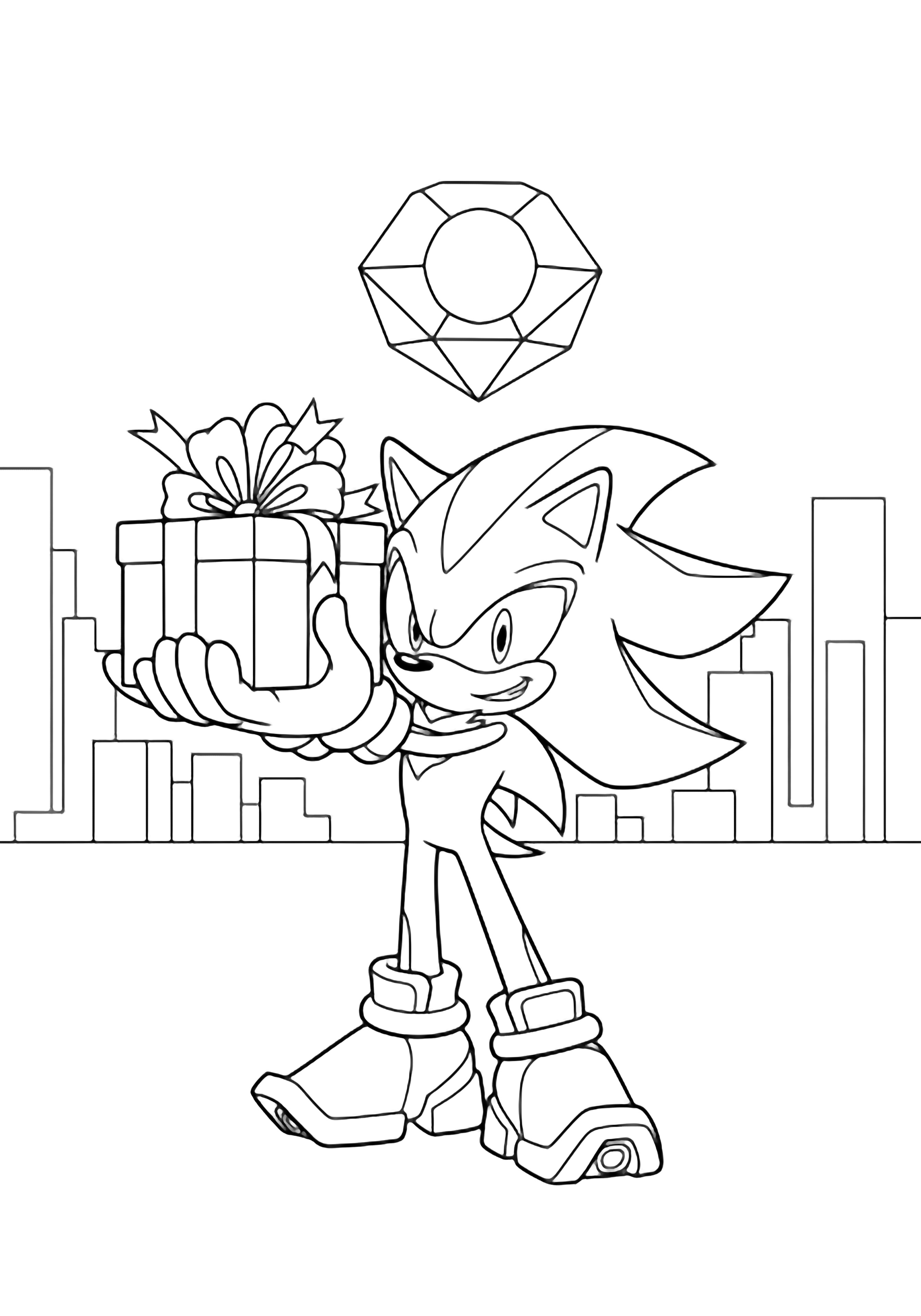 Shadow the Hedgehog grijnst terwijl hij een met een lint versierd cadeaudoosje hoog boven zijn hoofd houdt; een groot Chaos Emerald-omlijning zweeft boven een eenvoudige stadshemel. kleurplaat