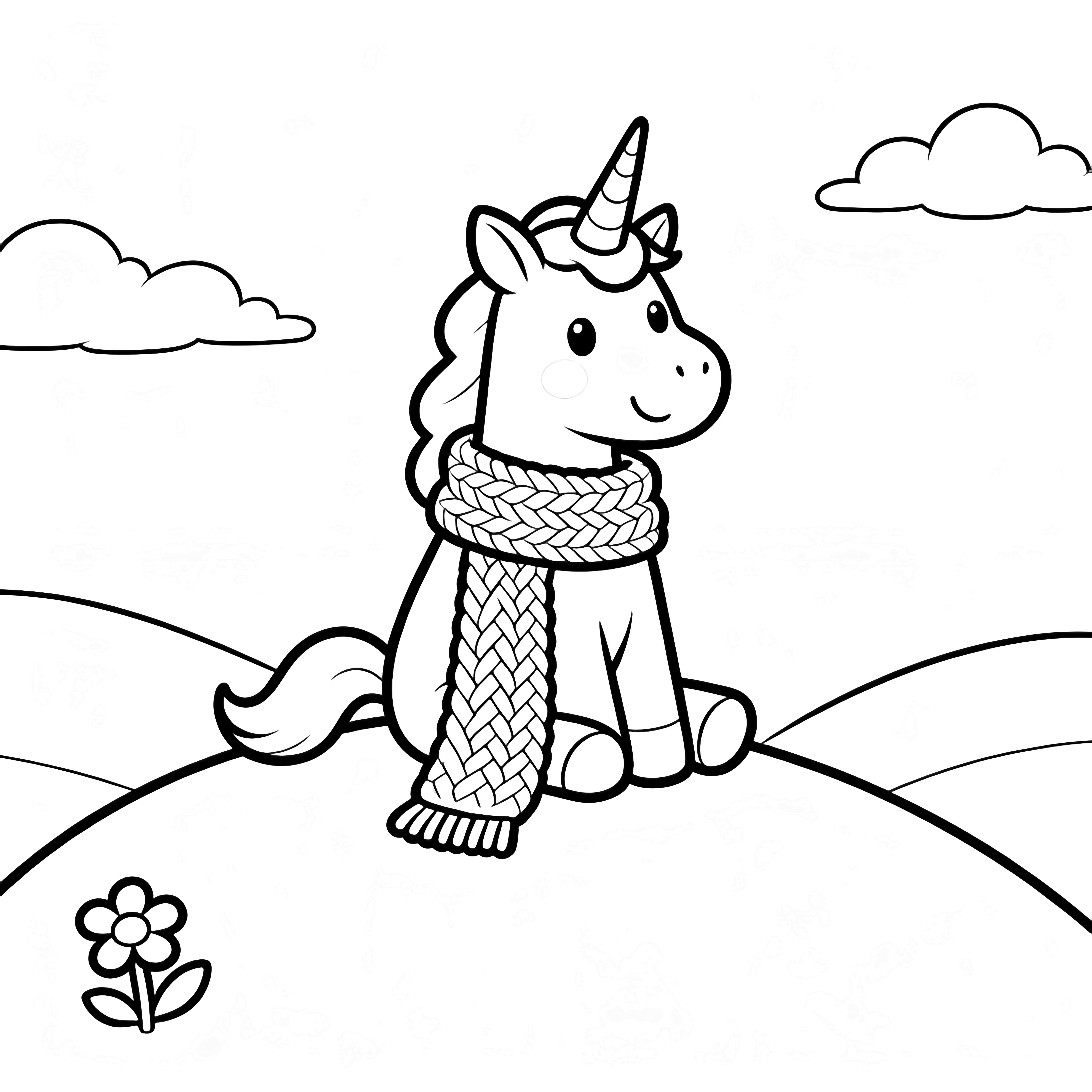 A smiling unicorn wearing an oversized knitted scarf sits on a curved hill, clouds above, tiny flower nearby, distant rolling hills. kleurplaat