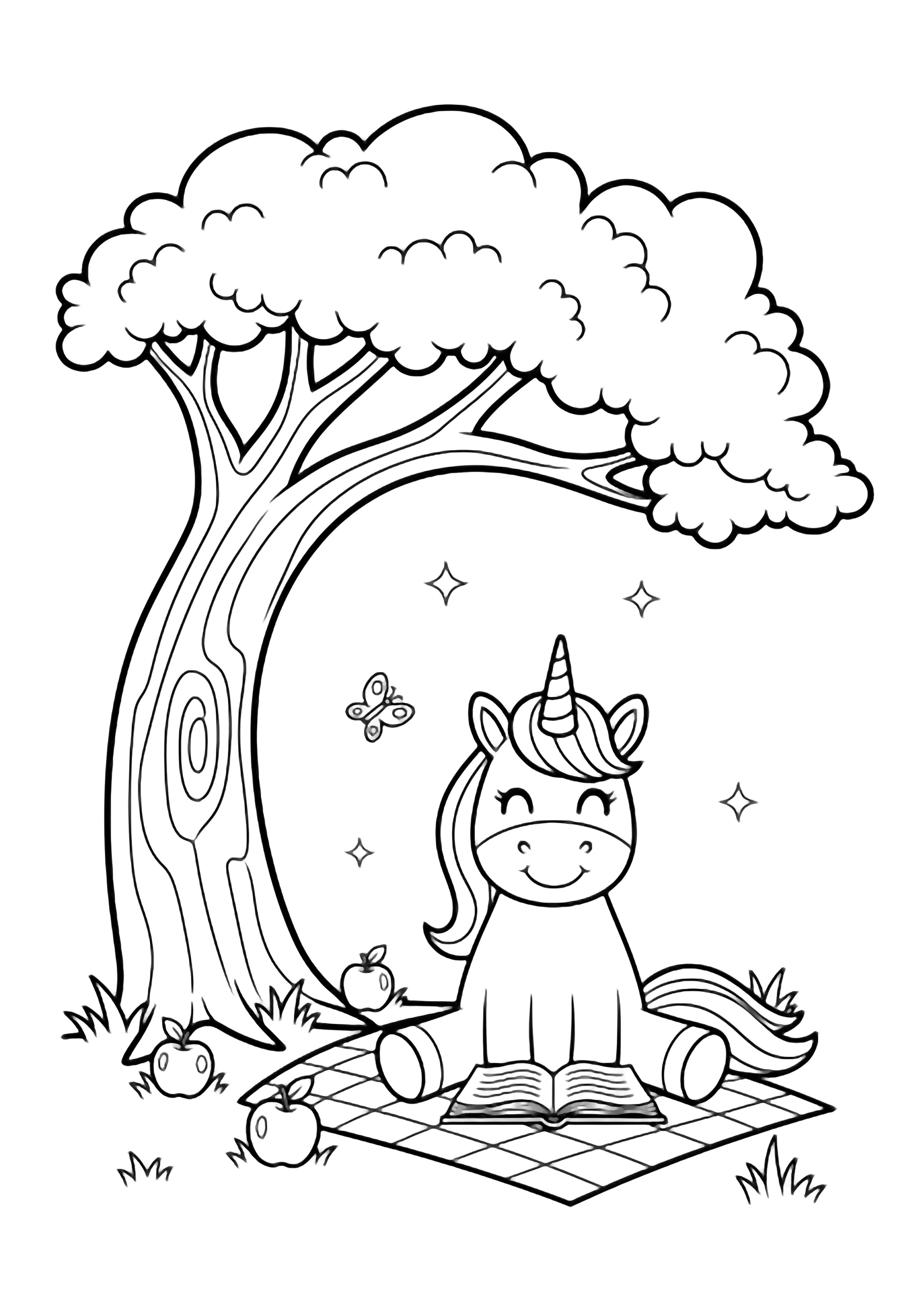 A smiling unicorn sits on a picnic blanket reading, beneath a big leafy tree; tiny apples, a butterfly and drifting sparkles surround the scene. kleurplaat