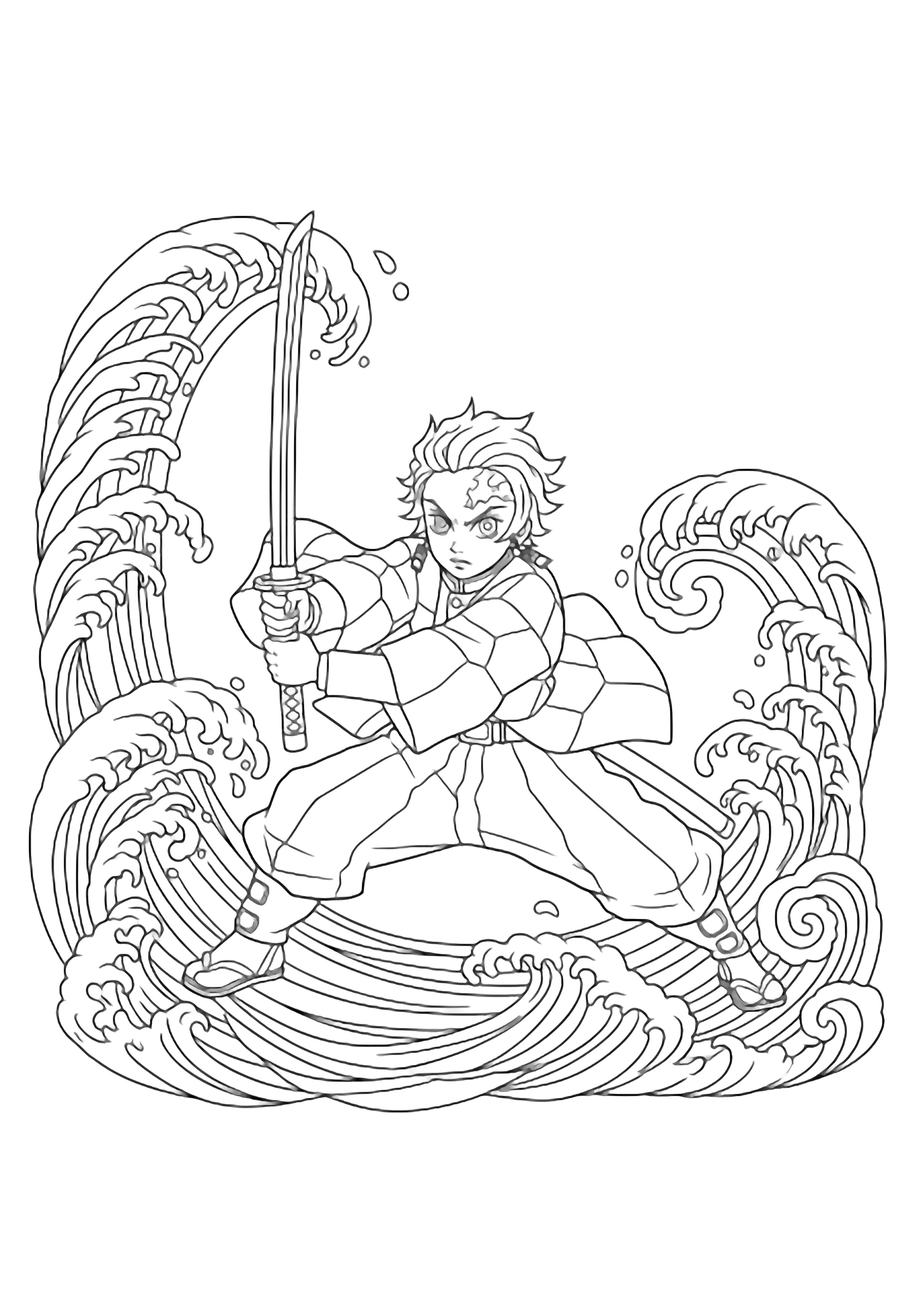 Tanjiro Kamado lunges forward with extended sword, ocean waves curling and splashing around him. kleurplaat