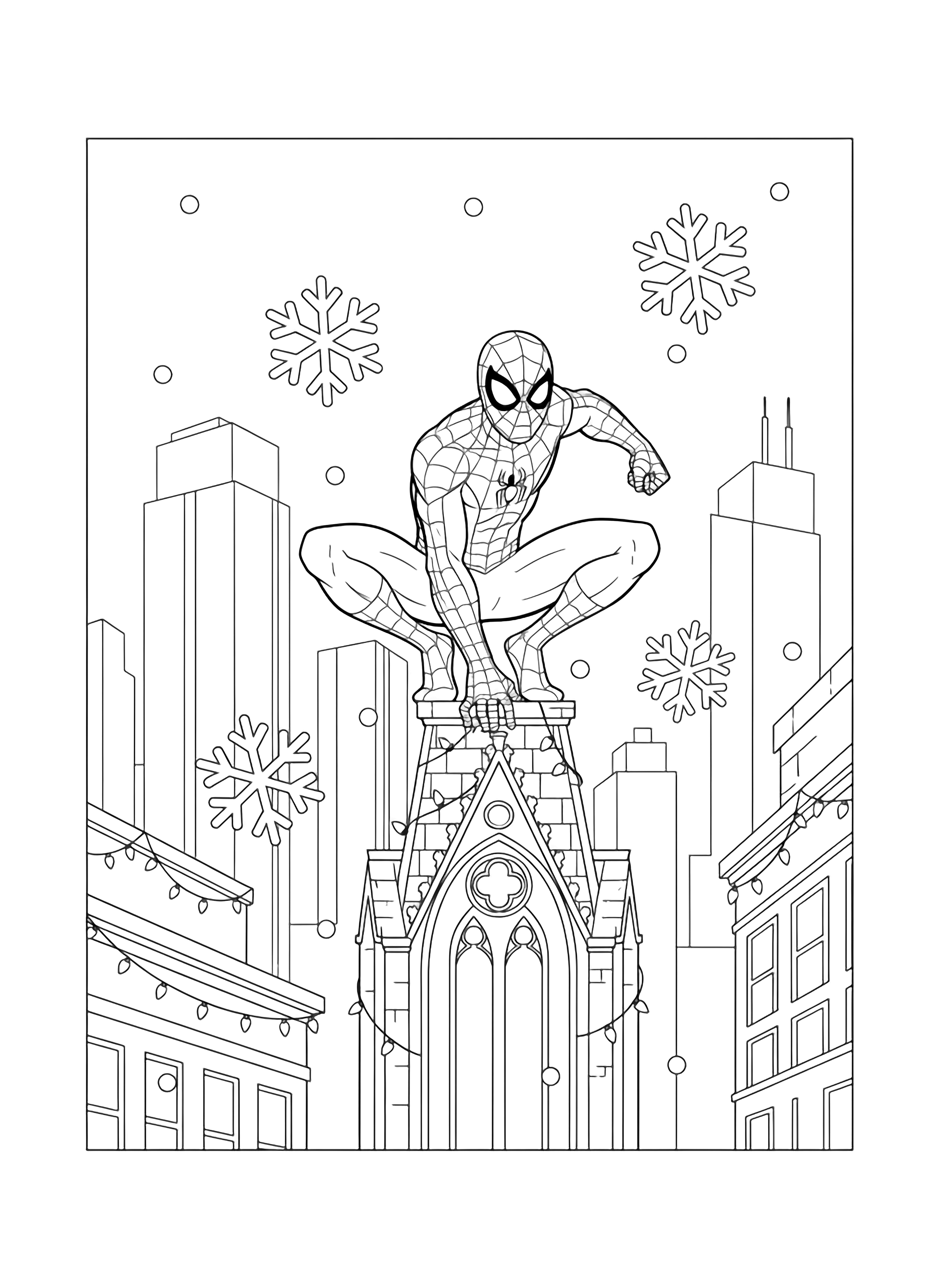 Spider-Man hurkt op een dakgoot van een wolkenkrabber terwijl er sneeuwvlokjes om hem heen dwarrelen en lichtslingers langs de randen van het gebouw lussen, met de stadsskylijn op de achtergrond. kleurplaat