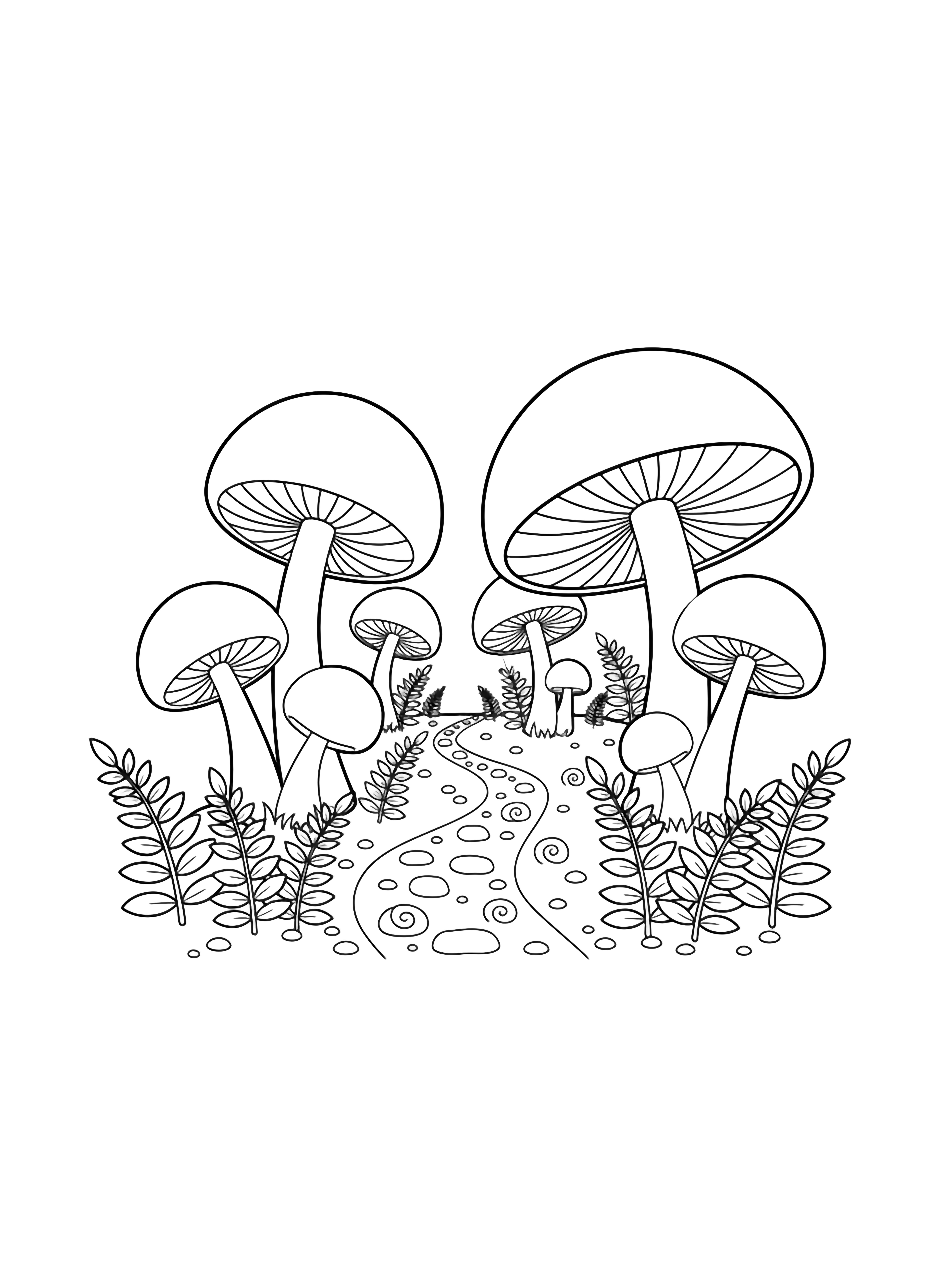 A winding forest path meanders between towering mushrooms with round caps and clusters of delicate fern fronds. kleurplaat