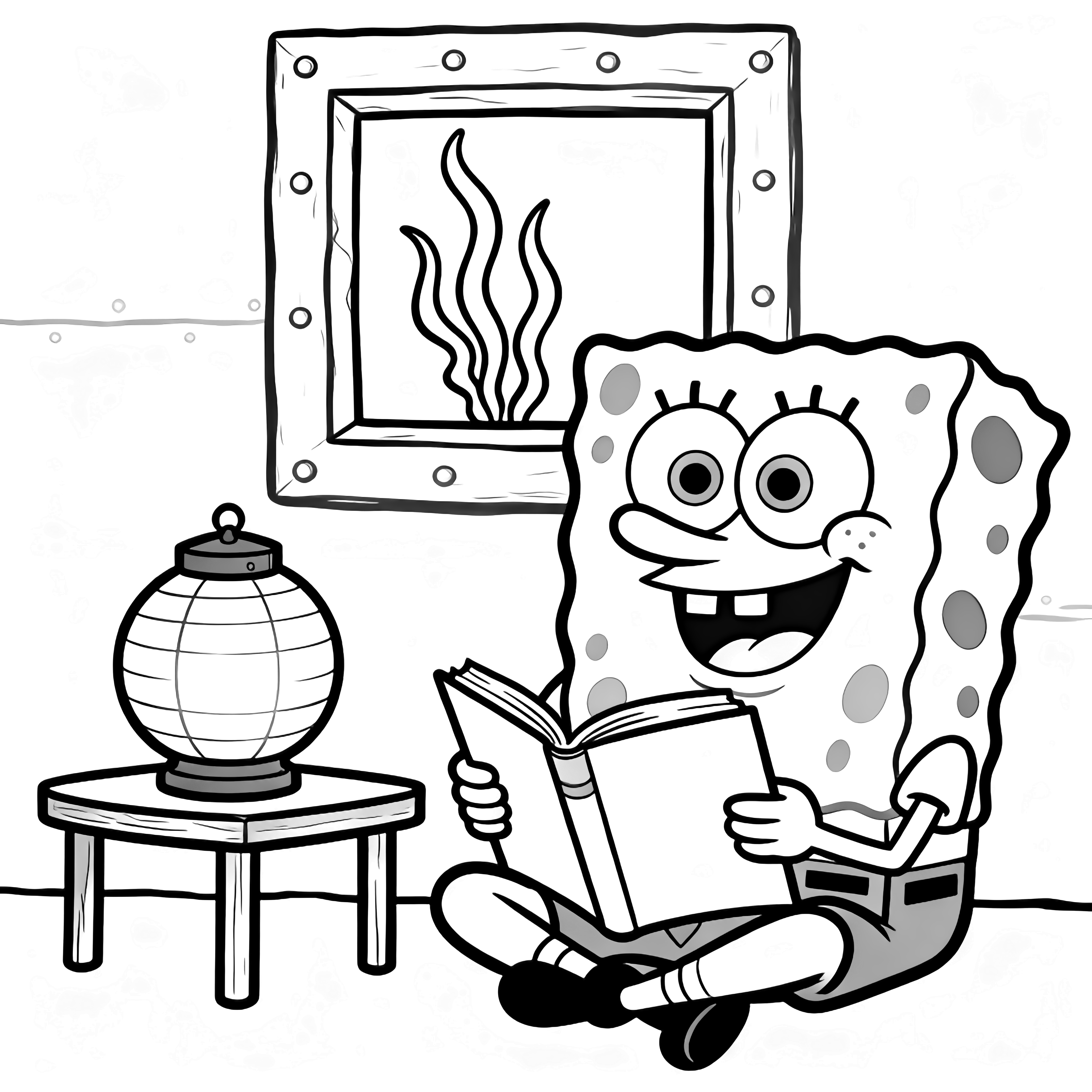 SpongeBob sits cross-legged beside a lantern on a small table, holding an open cookbook while wavy seaweed drifts past a square window behind him. kleurplaat