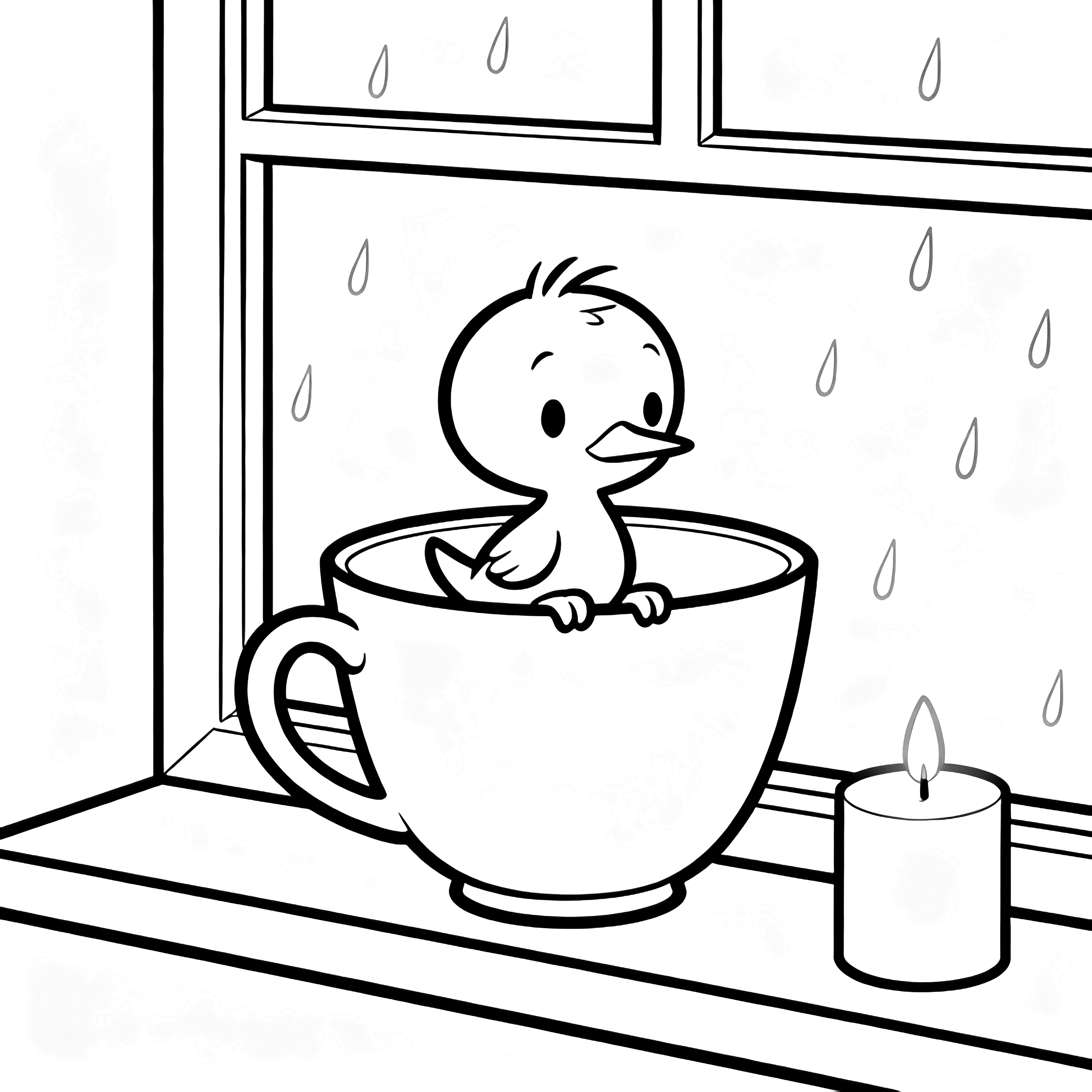 Tweety perched in a big teacup on a narrow sill, raindrops outside, one small candle nearby. kleurplaat