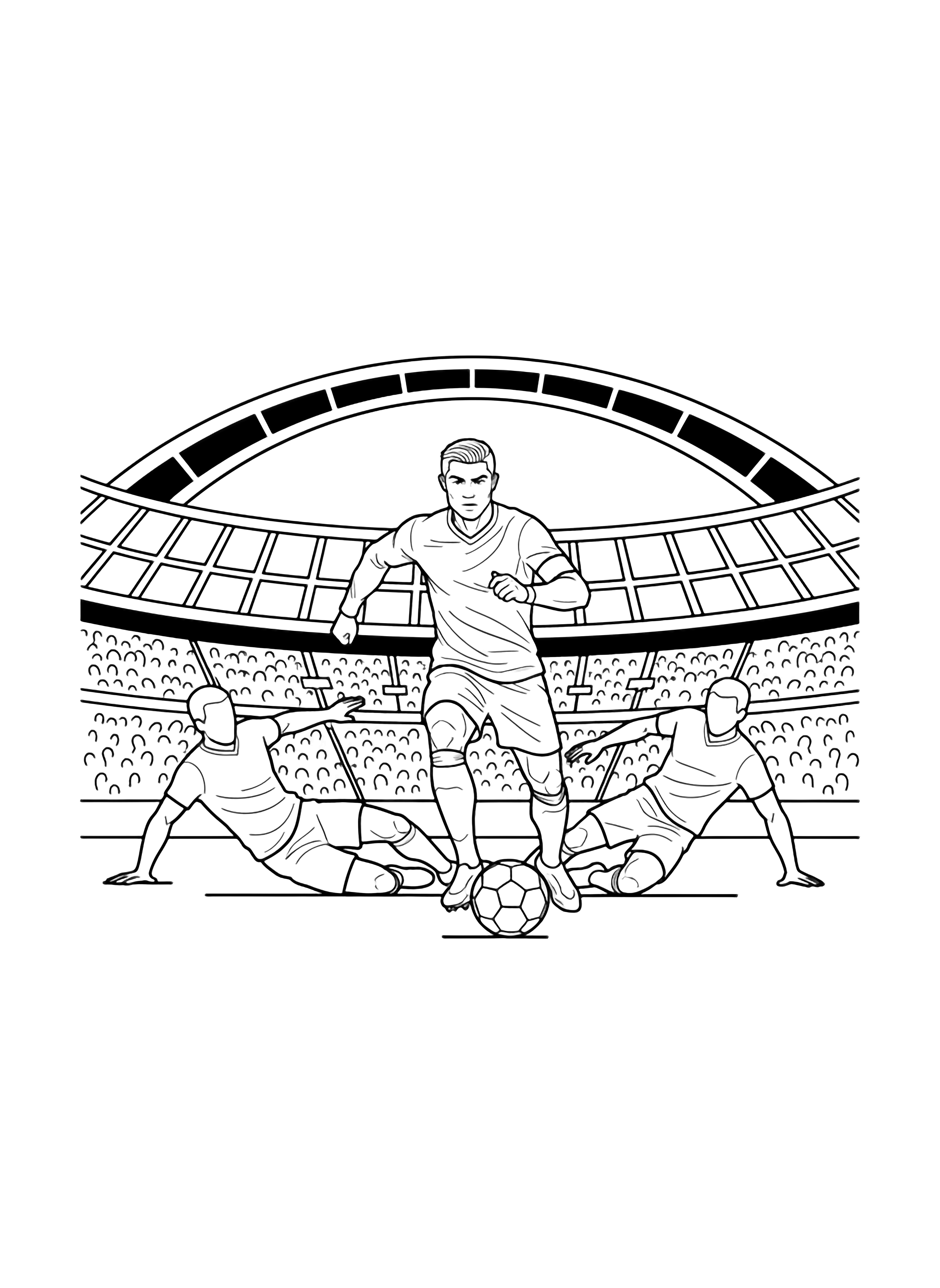 Ronaldo running with the ball, two defenders sliding behind him, stadium arch and distant crowd in the background. kleurplaat