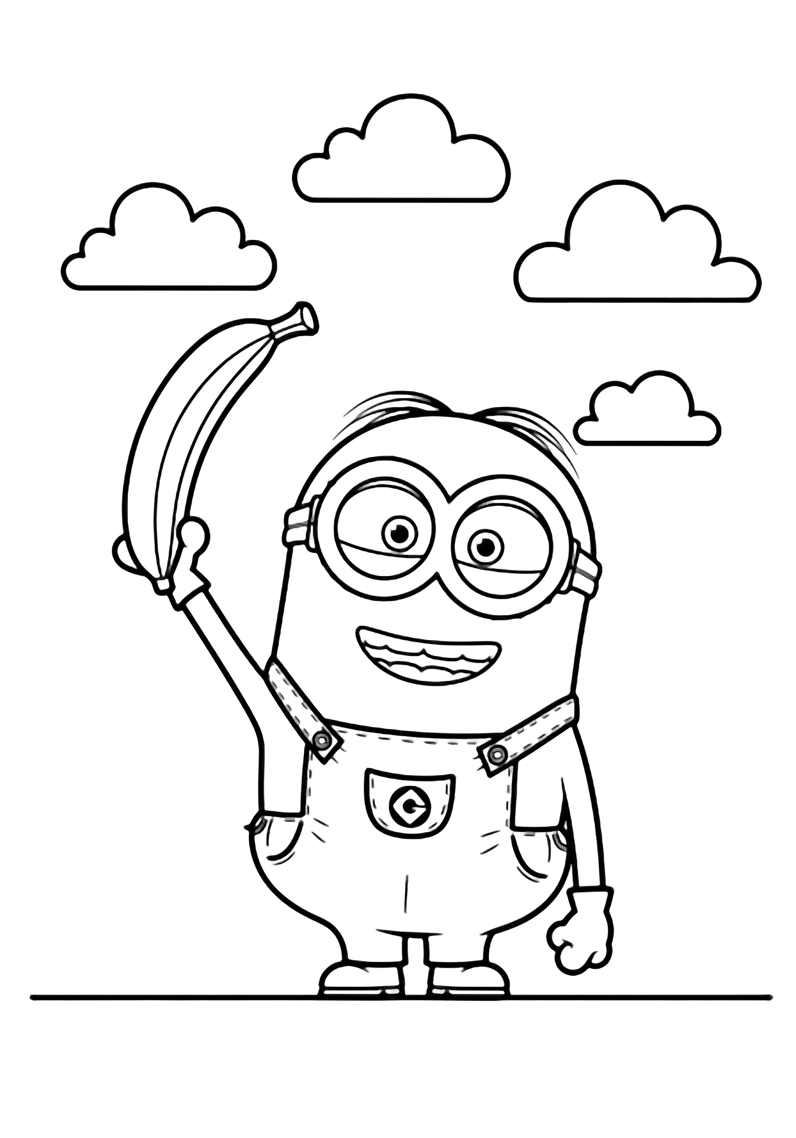 Een vrolijke Minion staat trots met een banaan in de hand, een bril en een tuinbroek aan, met drie wolkjes erboven. kleurplaat