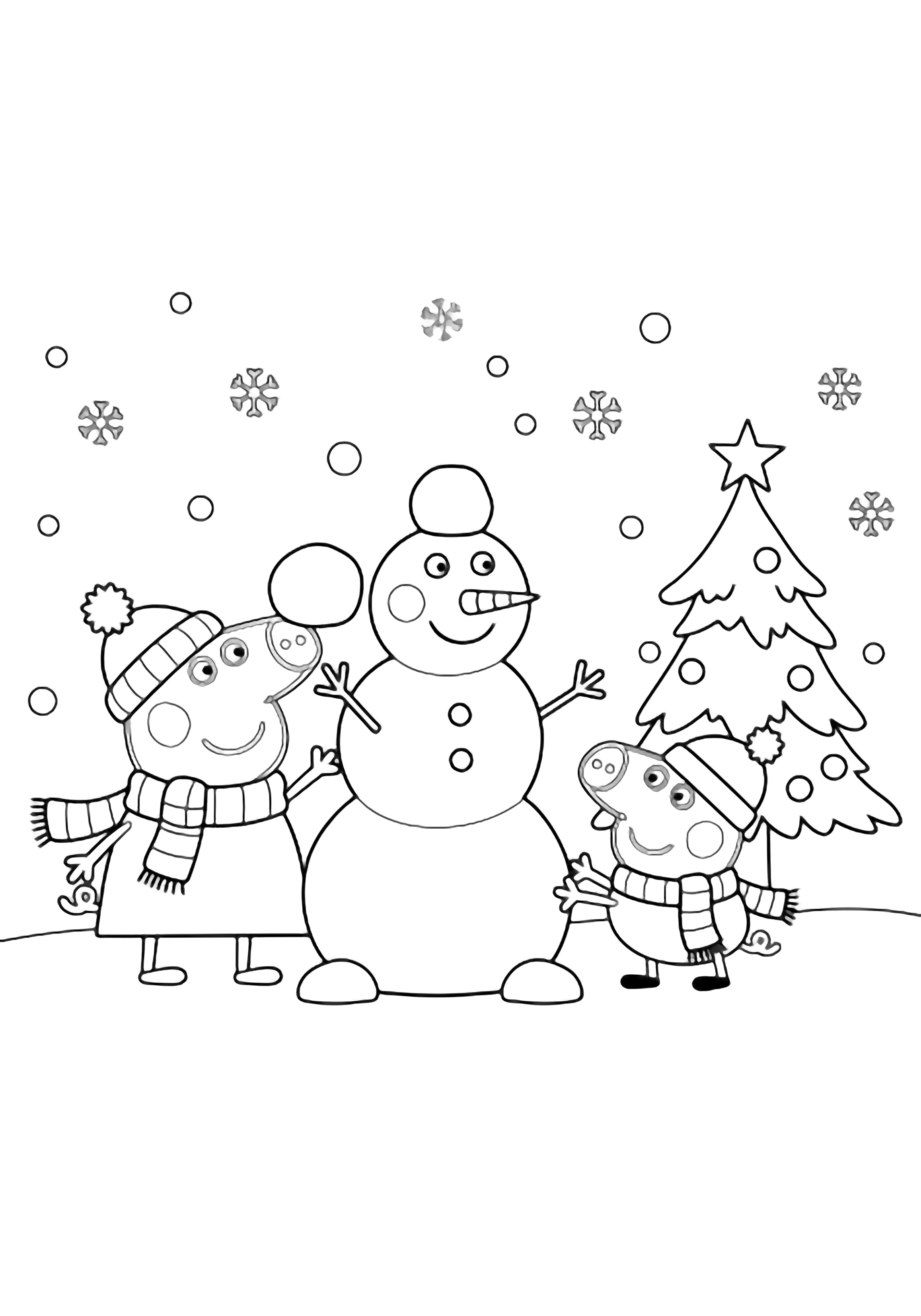 illustration on a Peppa Pig and George in scarves and hats stack three snowballs into a smiling snowman; a small star topped tree stands nearby snowflakes drifting around them everything outlined in bold black on white for easy clean black kleurplaat