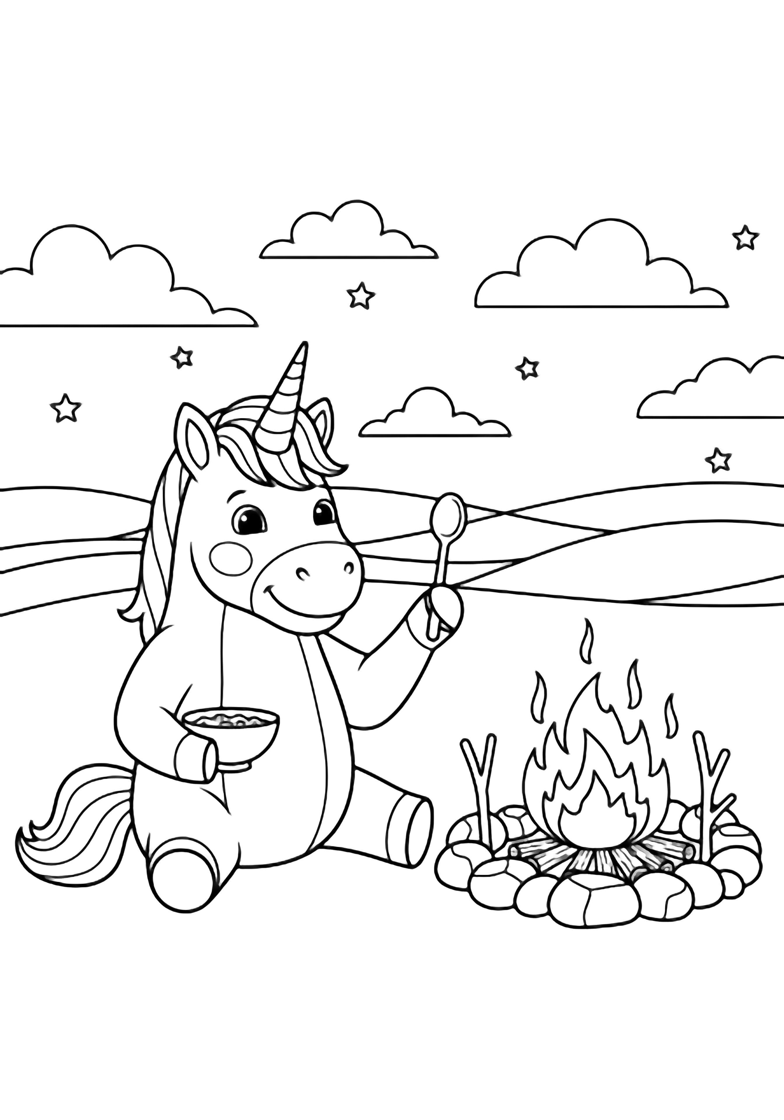 A smiling unicorn sits holding a spoon over a bowl beside a campfire with stick logs, wavy horizon, clouds and stars above. kleurplaat