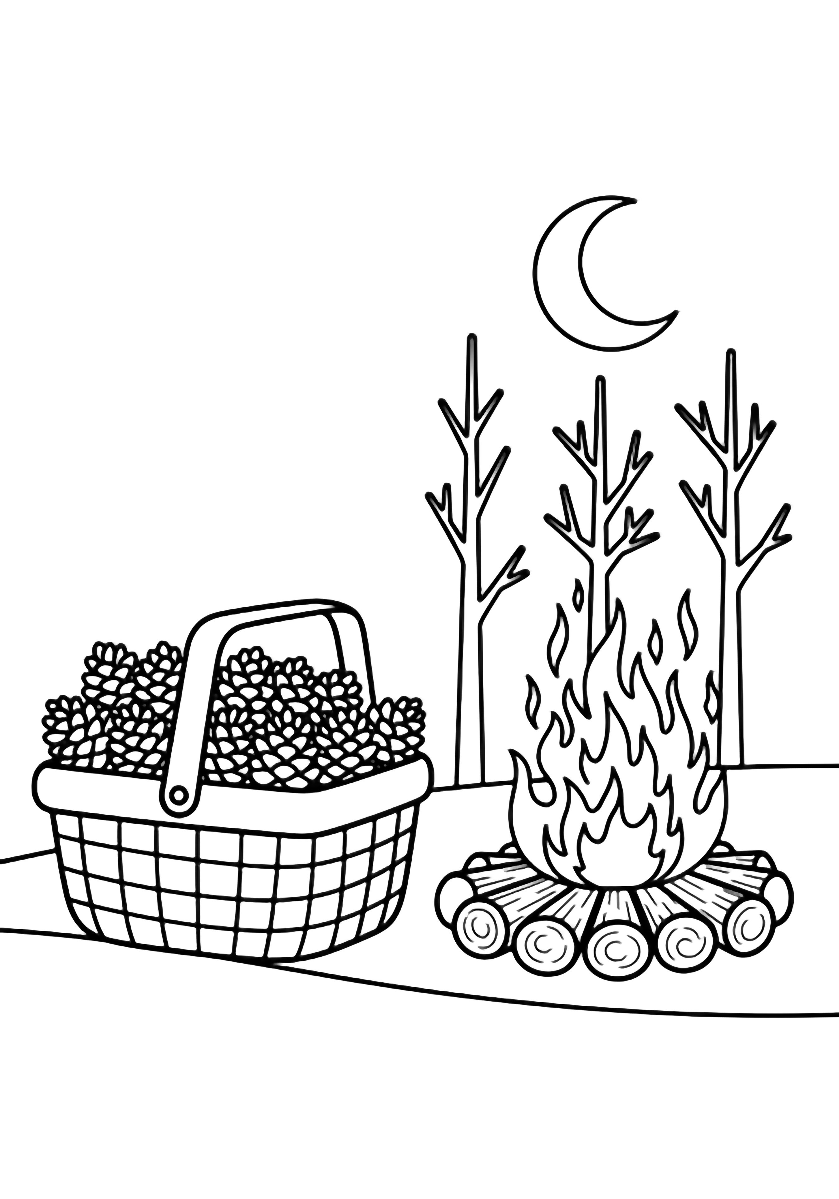 A picnic basket full of pinecones sits beside a ring of logs around a tall campfire, with three slender trees nearby and a crescent moon overhead. kleurplaat