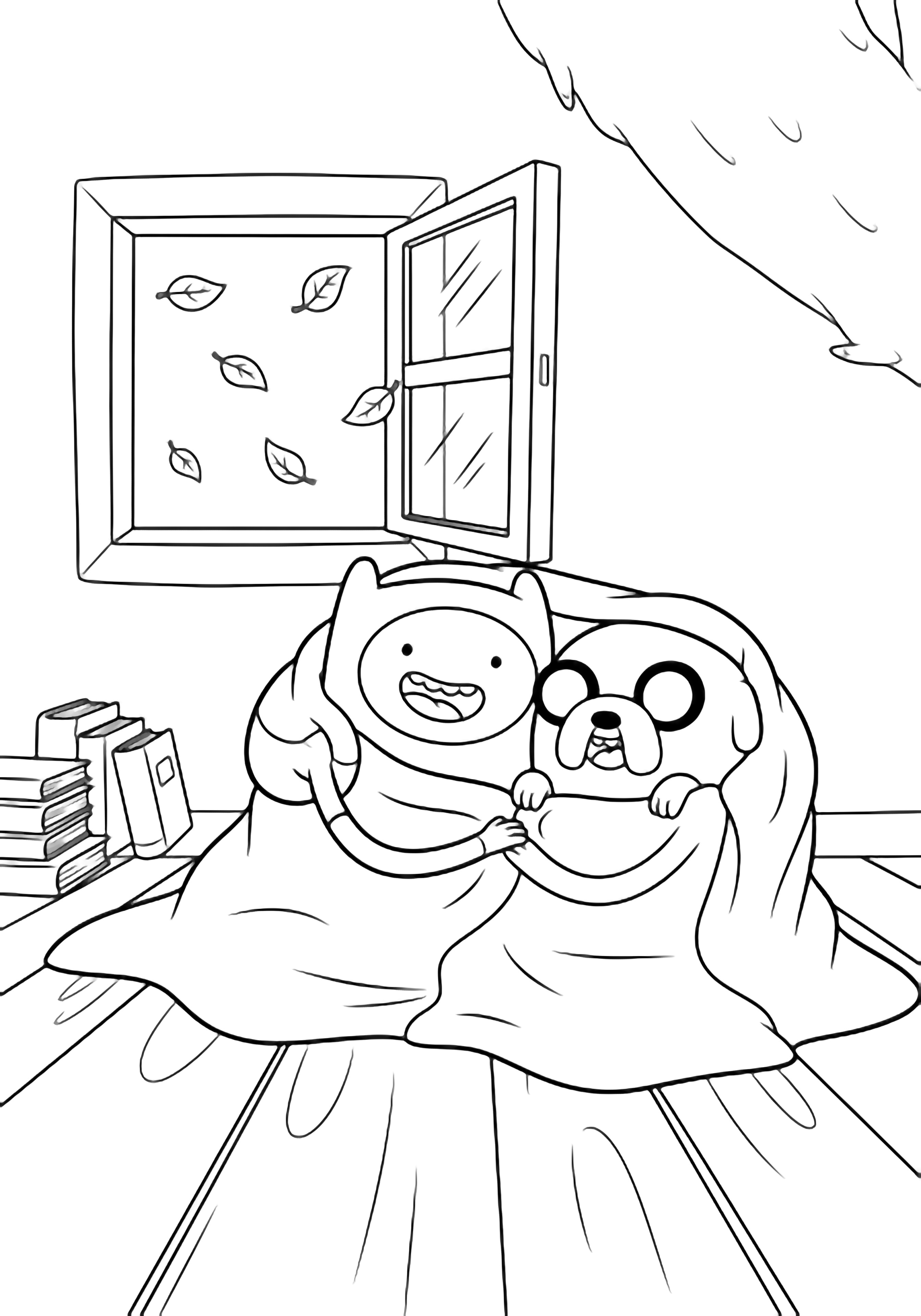 Finn and Jake smile under a blanket in their treehouse; leaves drift through the window, floorboards and books nearby. kleurplaat