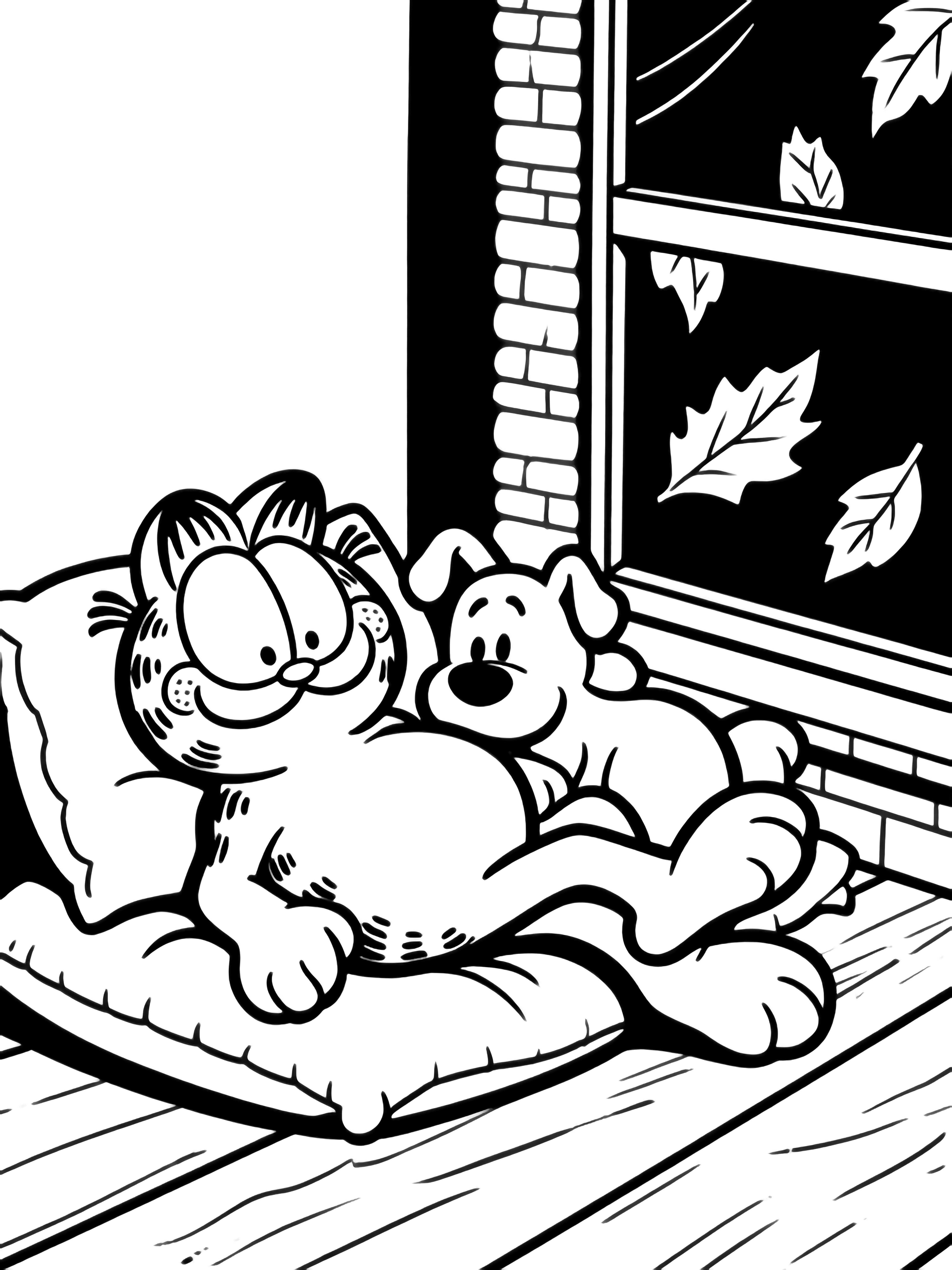Garfield ligt languit op een kussen terwijl Odie zich naast hem krult bij een eenvoudige open haard, een raam toont dwarrelende bladeren, planken vormen de vloer. kleurplaat