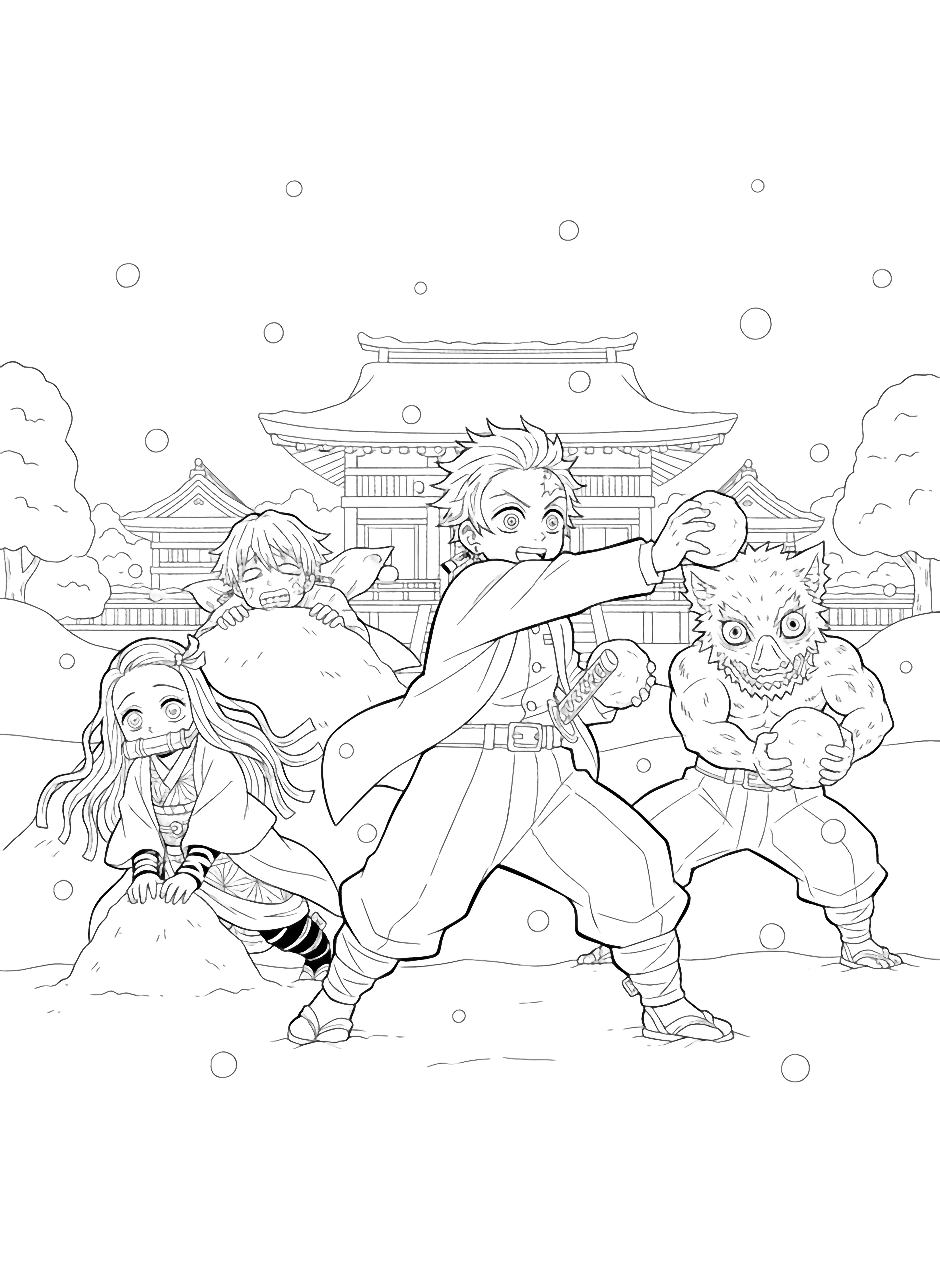 Tanjiro hurls a snowball; Nezuko ducks, Zenitsu hides behind a snow pile, Inosuke charges with a snowball near a snowy temple amid light flakes. kleurplaat