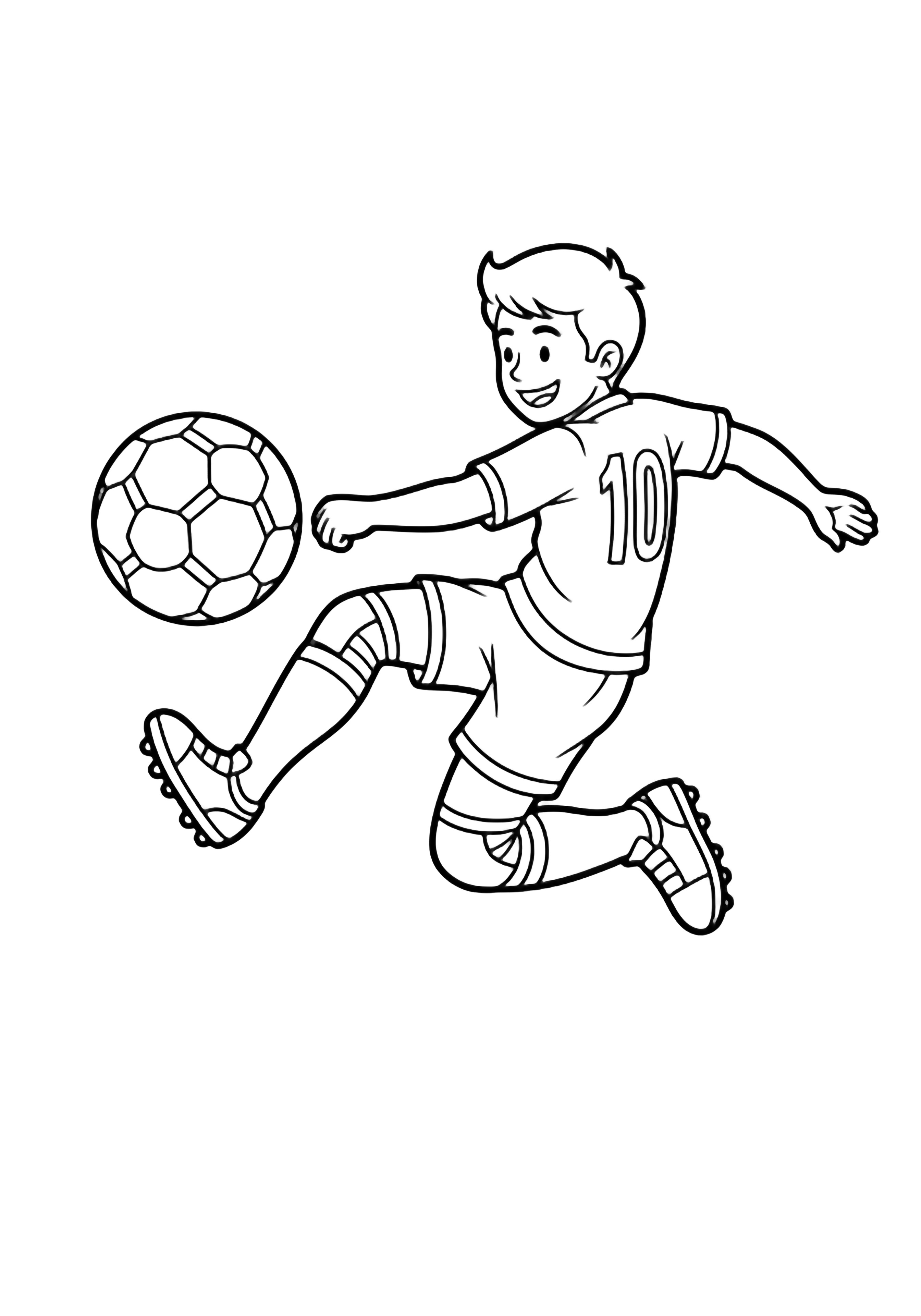 A joyful soccer player leaps mid-air, leg high, foot striking a large round ball, wearing jersey, shorts, socks, and simple boots. kleurplaat